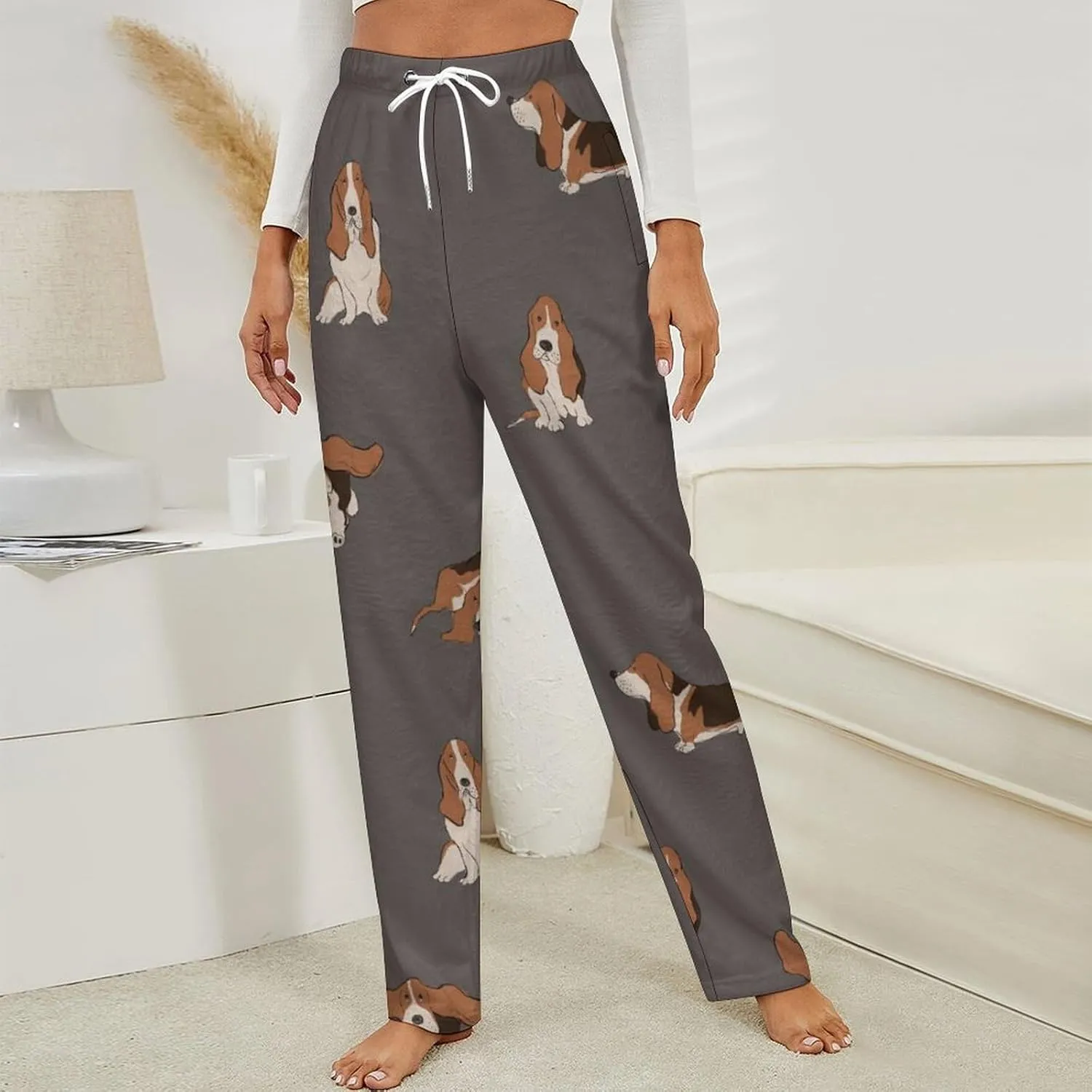 Basset Hound Dog Women's Flannel Pajama Pants Fleece Lounge Sleep Bottoms PJ