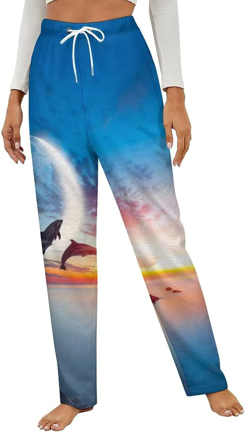 Beautiful Dolphin with Sunset Women's Flannel Pajama Pants Fleece Lounge Sleep Bottoms PJ