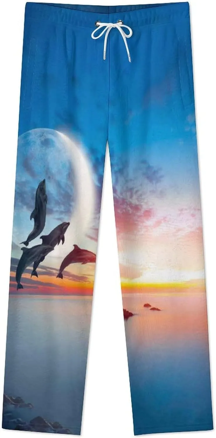 Beautiful Dolphin with Sunset Women's Flannel Pajama Pants Fleece Lounge Sleep Bottoms PJ