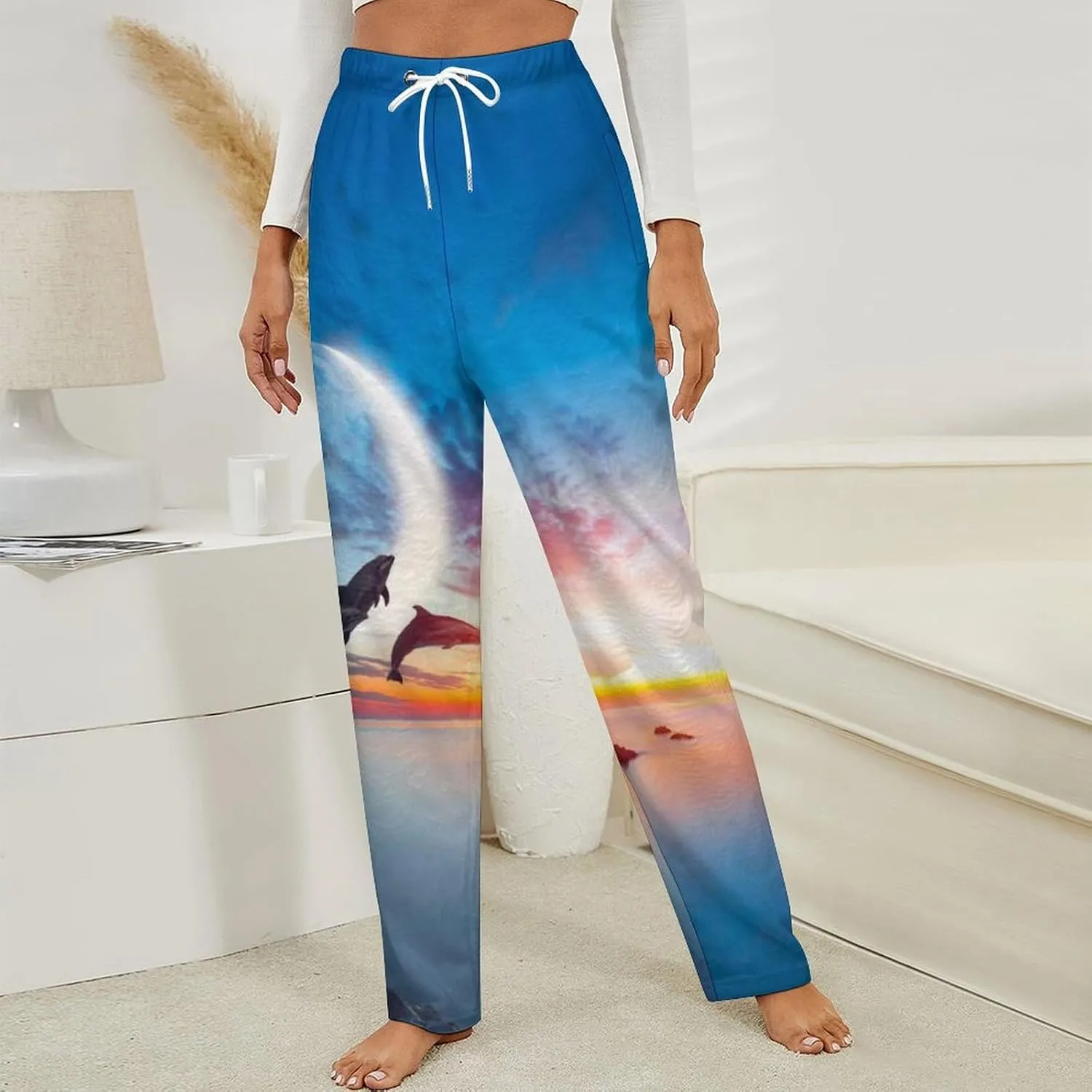 Beautiful Dolphin with Sunset Women's Flannel Pajama Pants Fleece Lounge Sleep Bottoms PJ