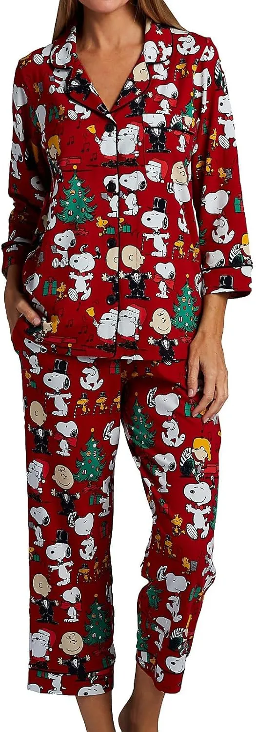 BedHead Pajamas Women's 470074 Organic Cotton Peanuts Festive Fun Cropped PJ Set