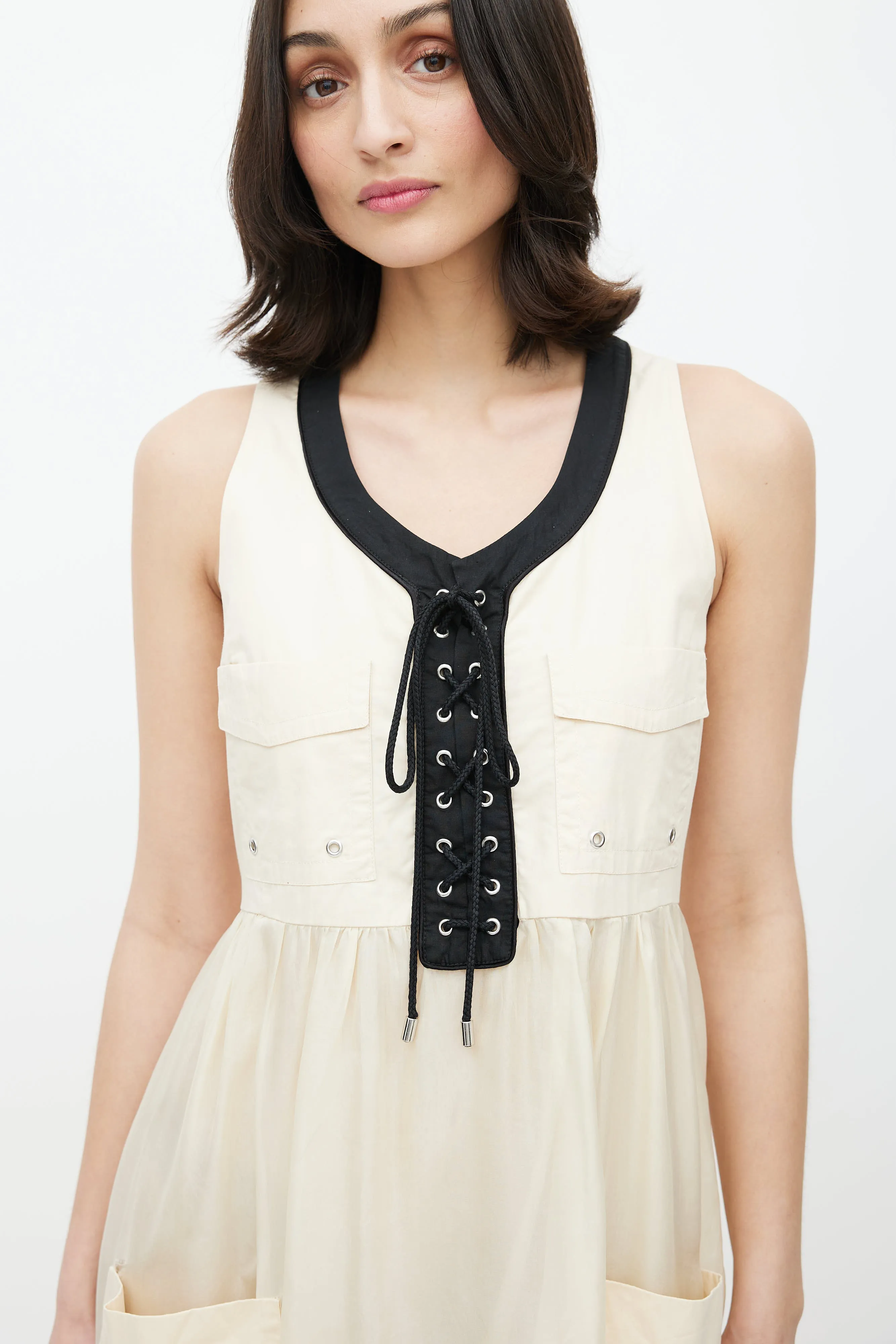 Beige & Black Lace Up Dress