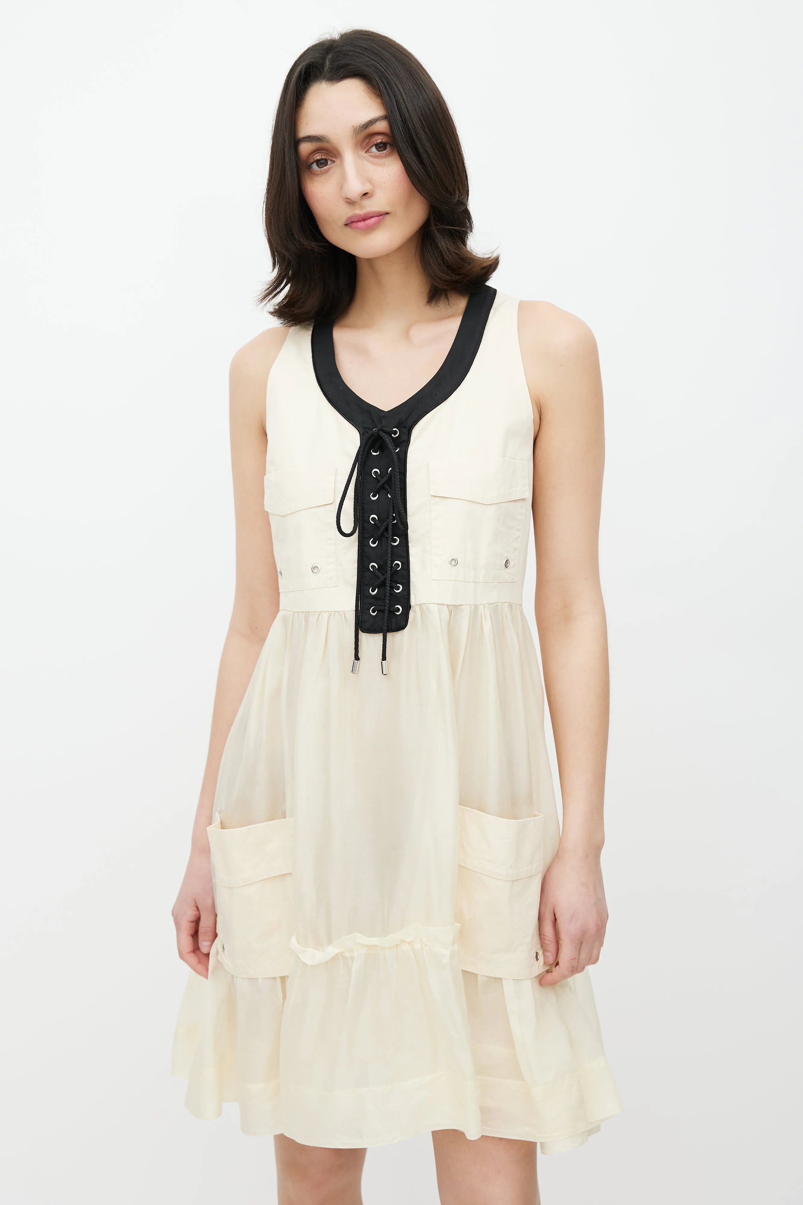 Beige & Black Lace Up Dress