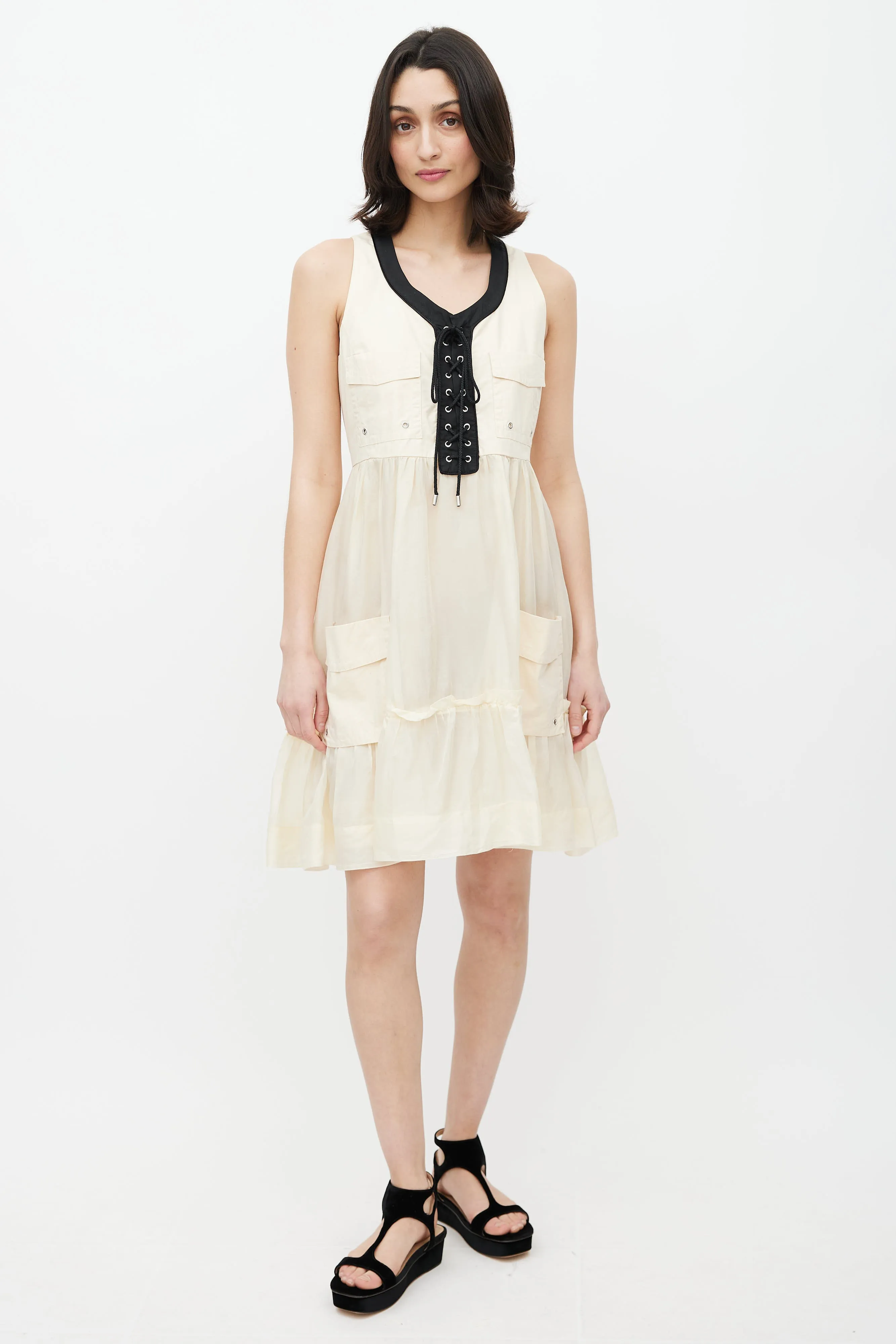 Beige & Black Lace Up Dress