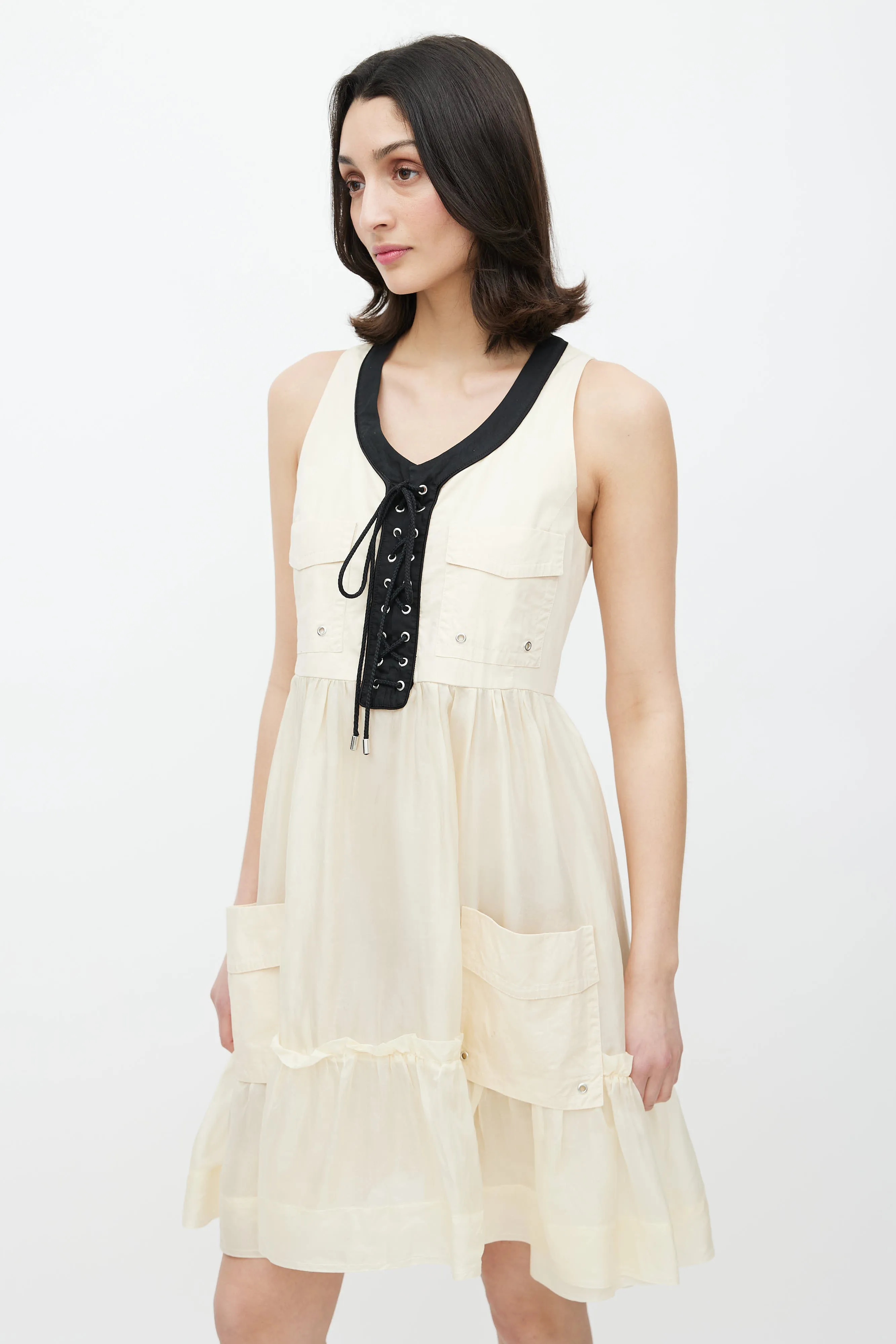 Beige & Black Lace Up Dress
