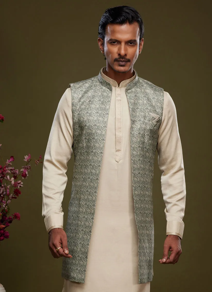 Beige Art Silk Mens Kurta Pajama With Jacket