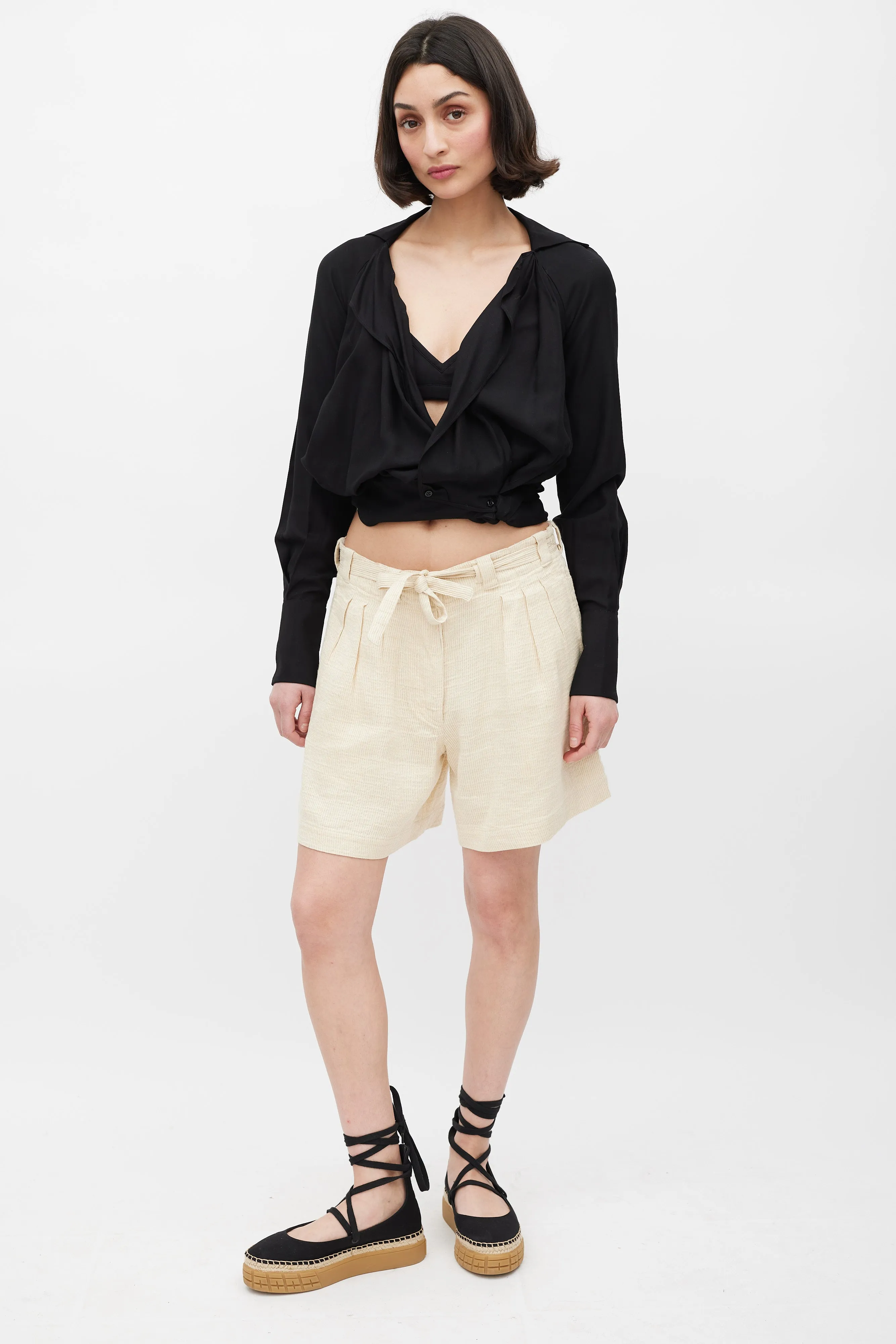 Beige Linen Cotton & Silk Textured Tie Waist Shorts