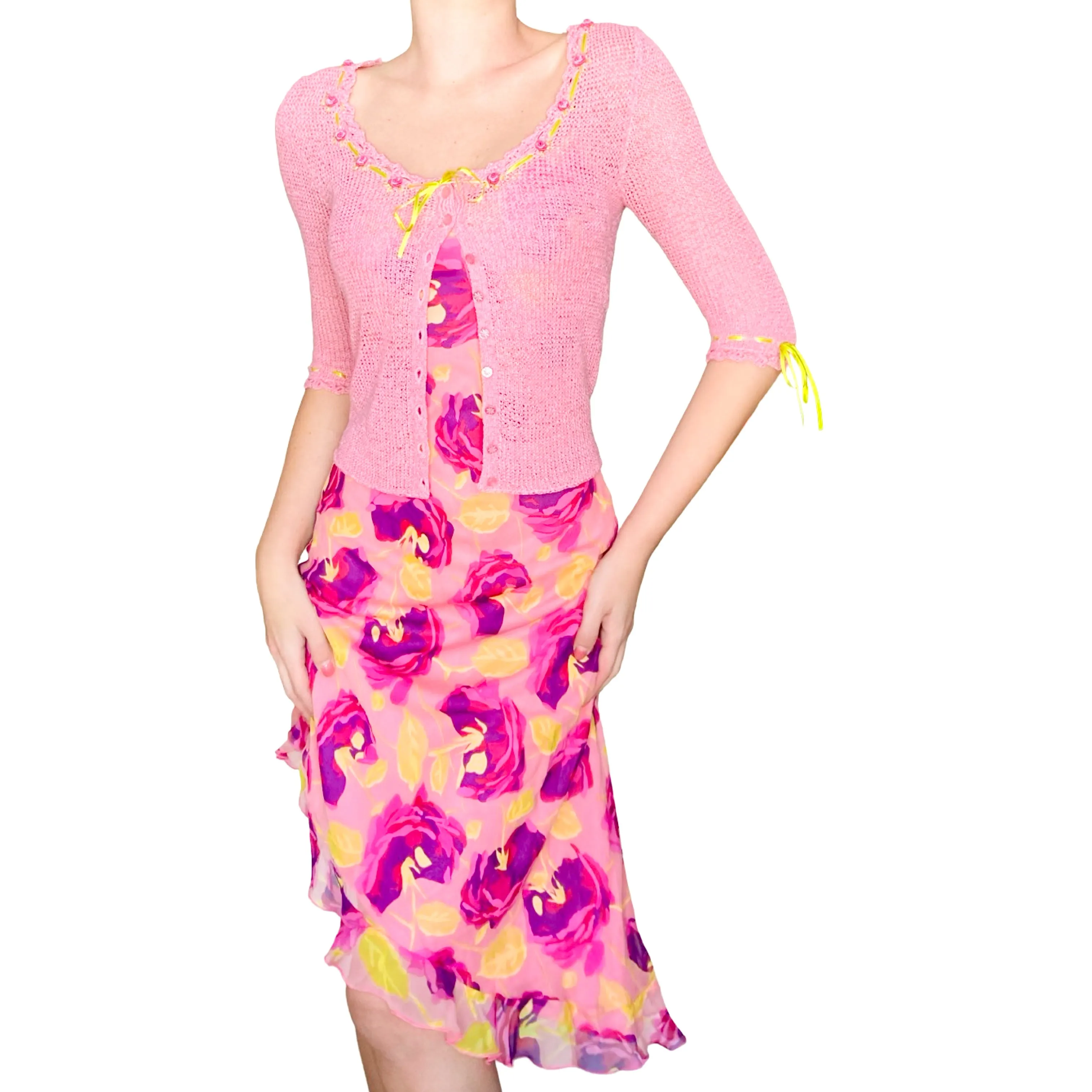 Betsey Johnson S/S 2001 silk dress & matching knit cardi ( set )
