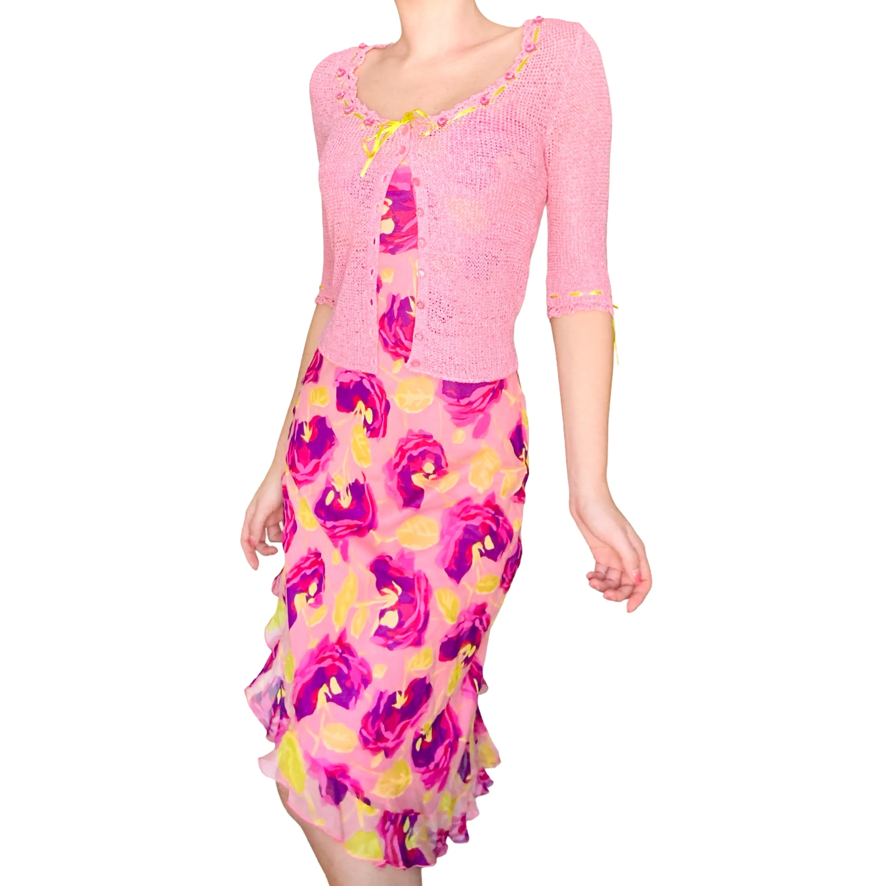 Betsey Johnson S/S 2001 silk dress & matching knit cardi ( set )