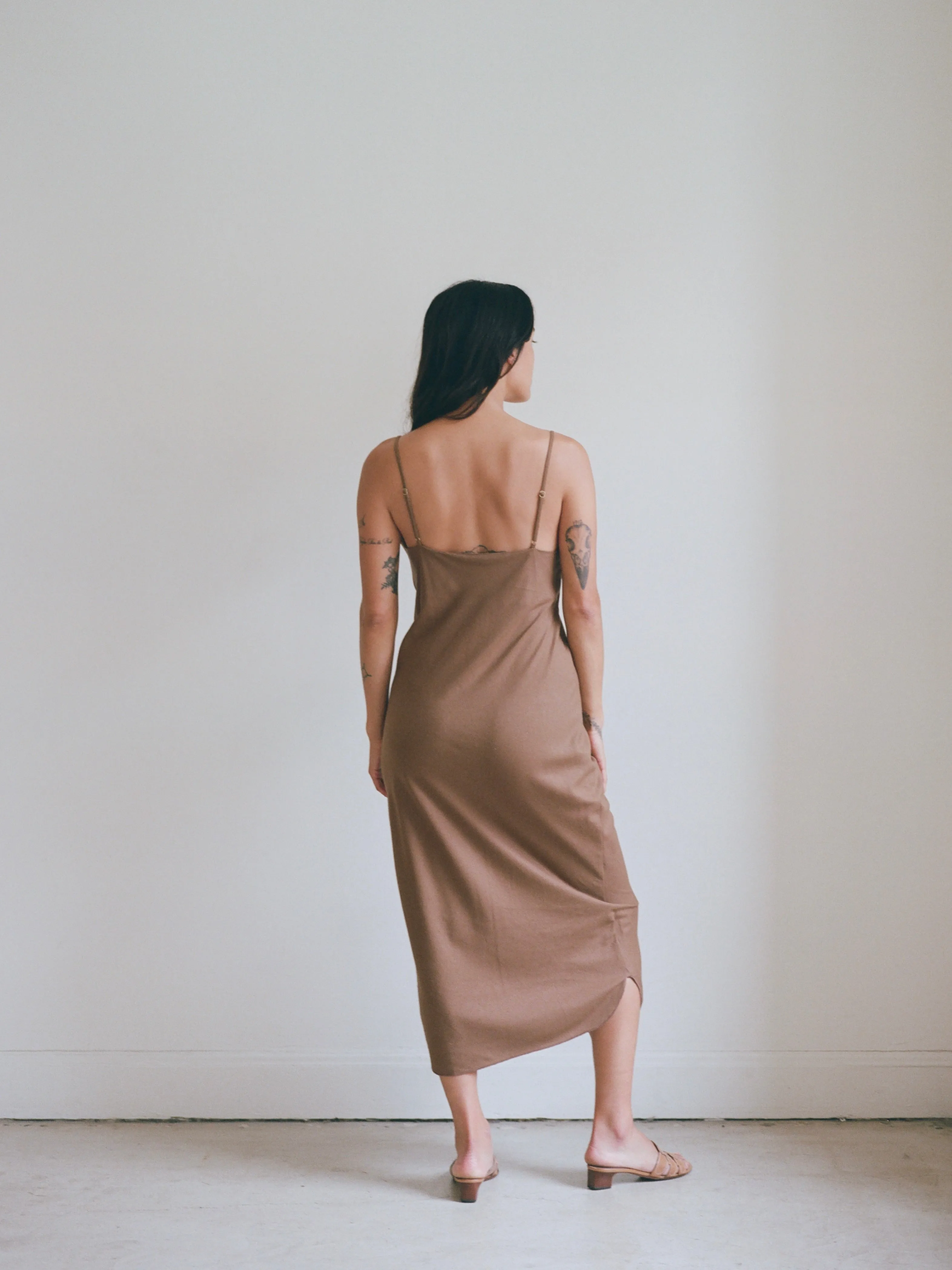 Bias Slip Dress, Regen Silk Noil, Umber