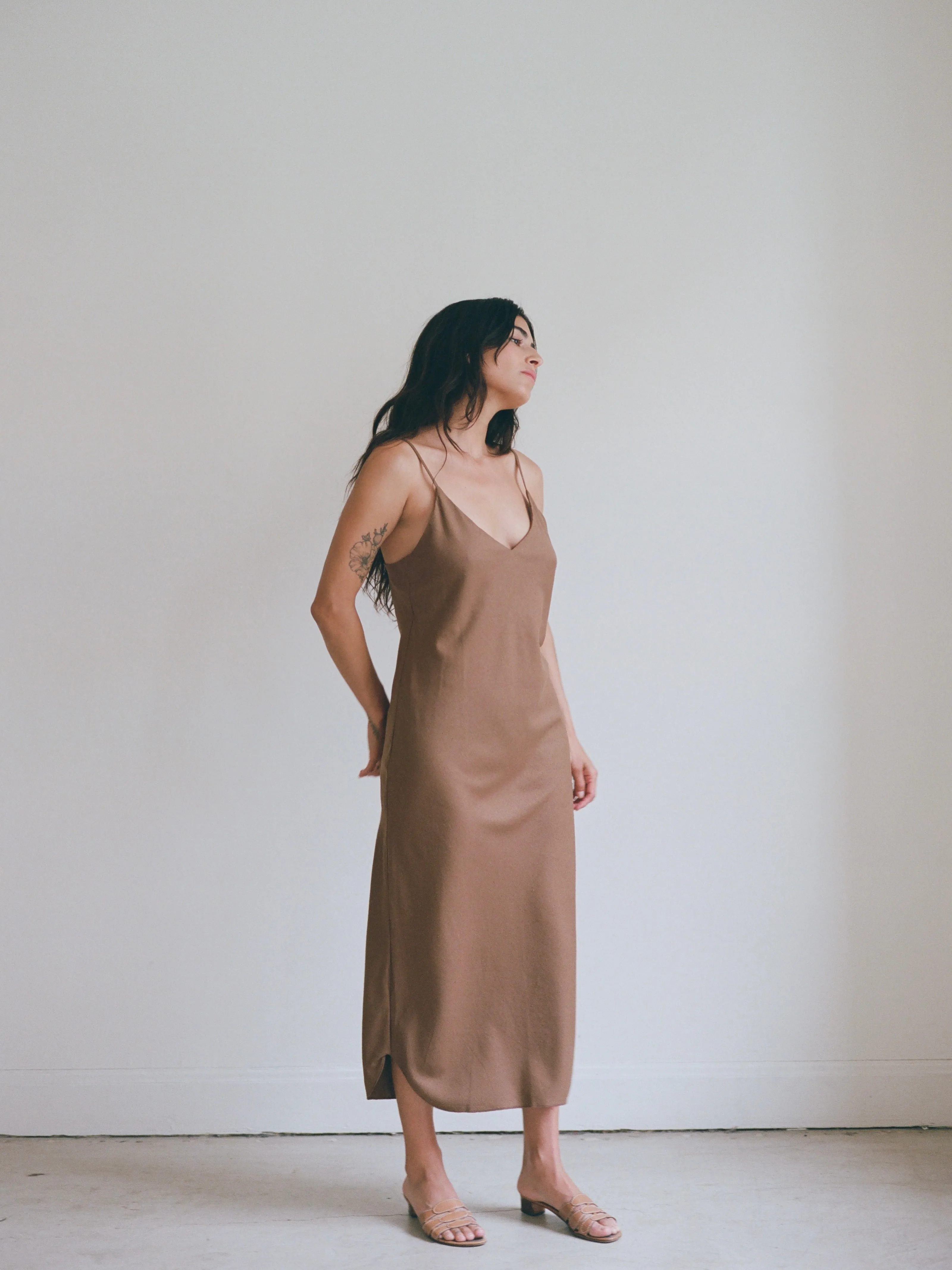Bias Slip Dress, Regen Silk Noil, Umber