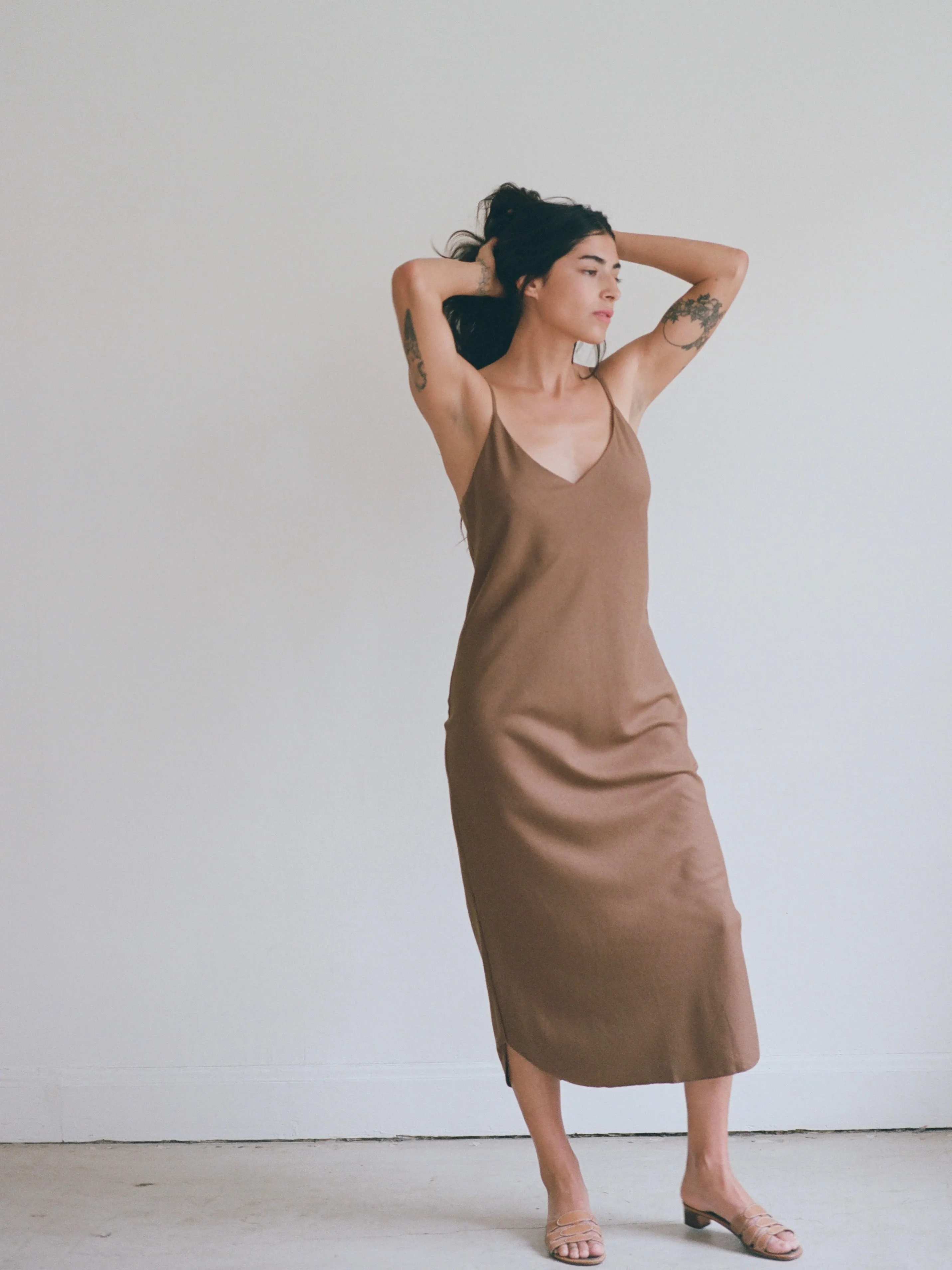 Bias Slip Dress, Regen Silk Noil, Umber