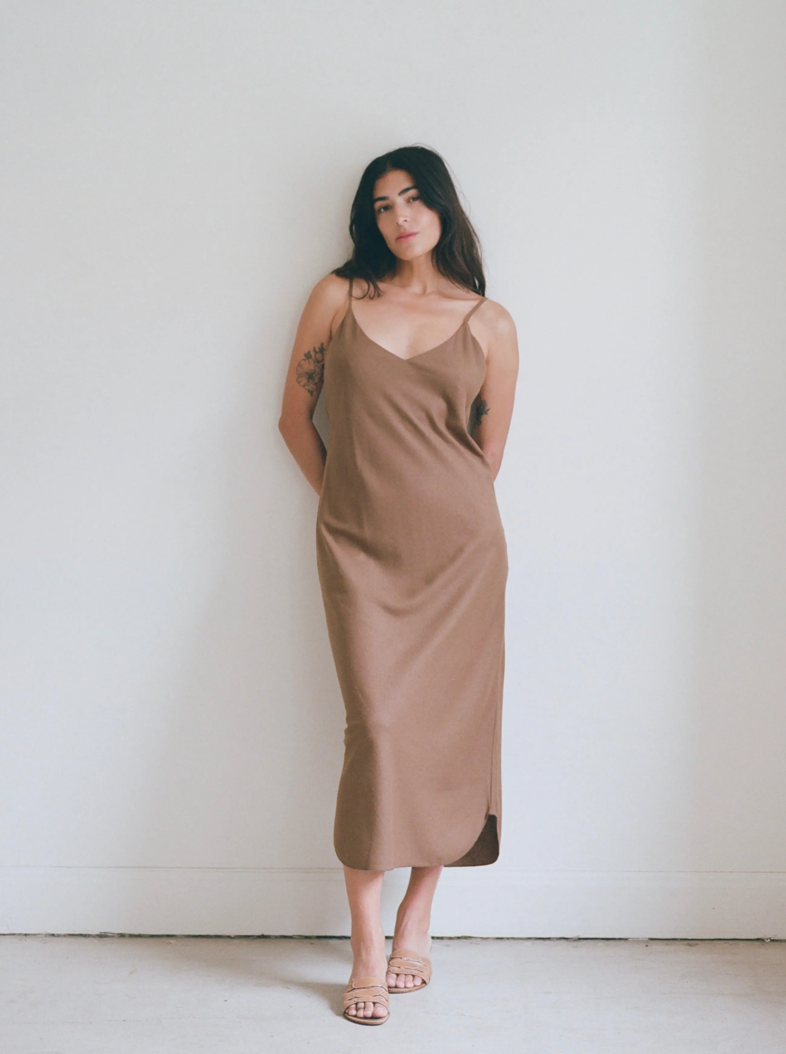 Bias Slip Dress, Regen Silk Noil, Umber