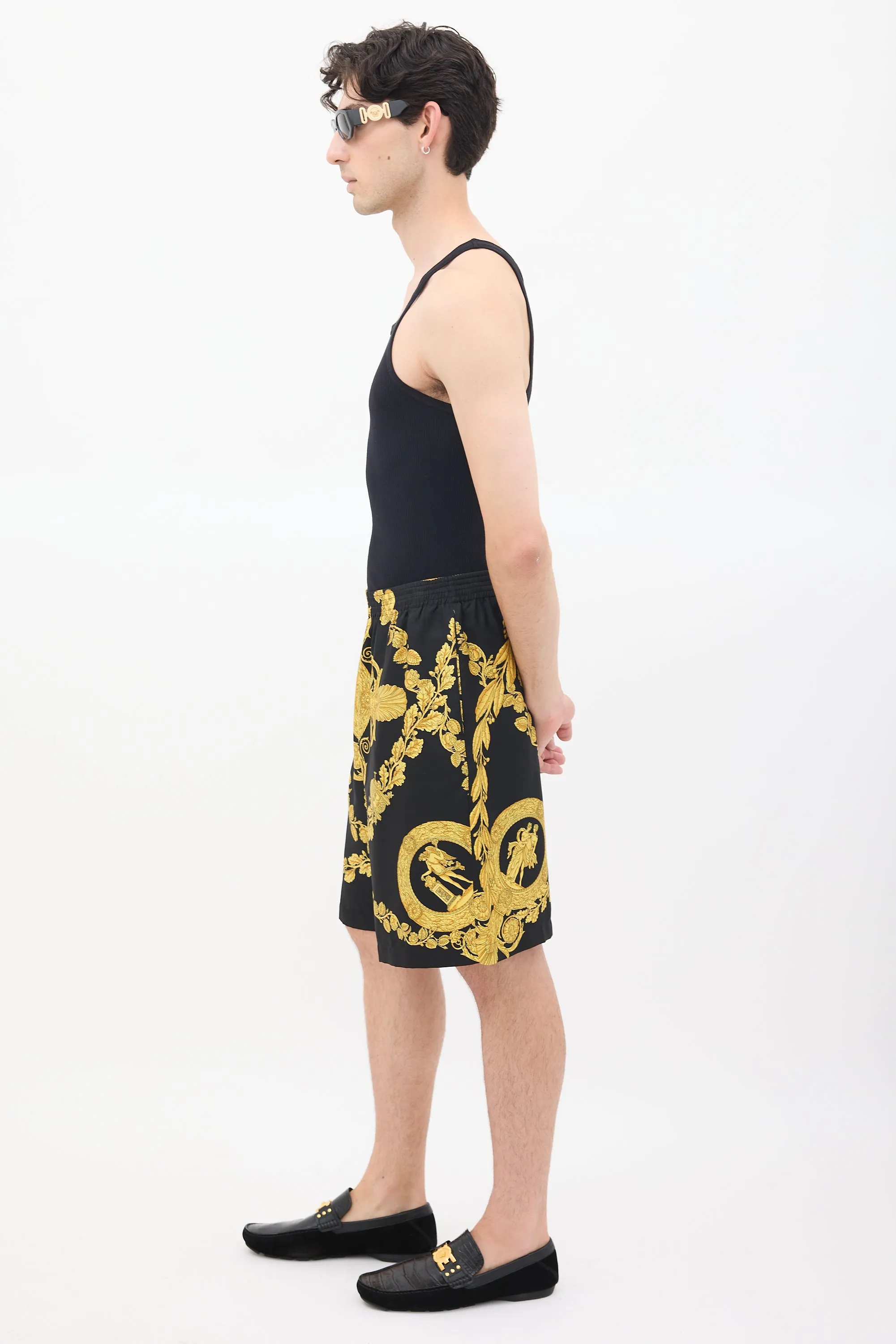 Black & Yellow Silk Twill Medusa Shorts