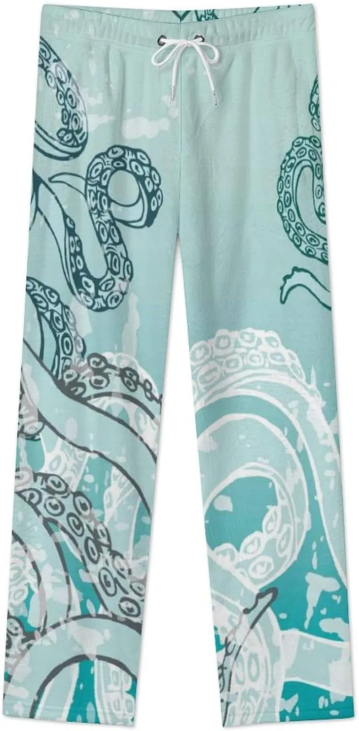 Black And White Octopus Women's Flannel Pajama Pants Fleece Lounge Sleep Bottoms PJ