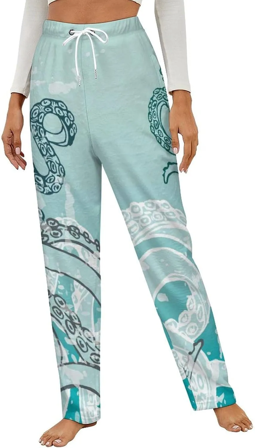 Black And White Octopus Women's Flannel Pajama Pants Fleece Lounge Sleep Bottoms PJ