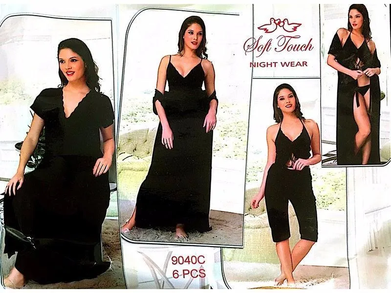 Black Bridal Bikini Nighty  - 6 Pcs Set - 9040C