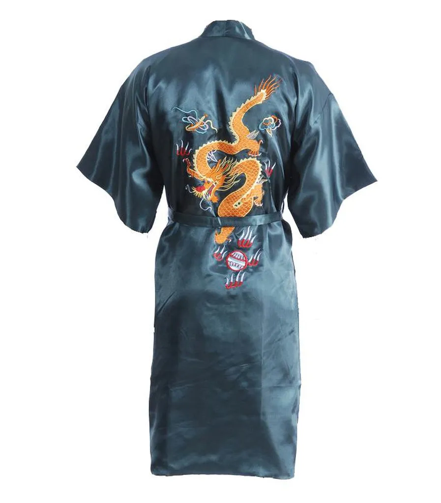 Black Chinese Men's Satin Silk Robe Embroidery Dragon Kimono Bath Gown Unisex Loose Bathrobe Size  M L XL XXL XXXL D0317