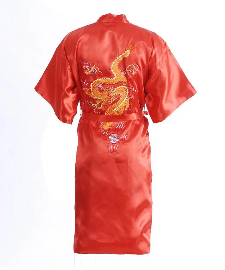 Black Chinese Men's Satin Silk Robe Embroidery Dragon Kimono Bath Gown Unisex Loose Bathrobe Size  M L XL XXL XXXL D0317