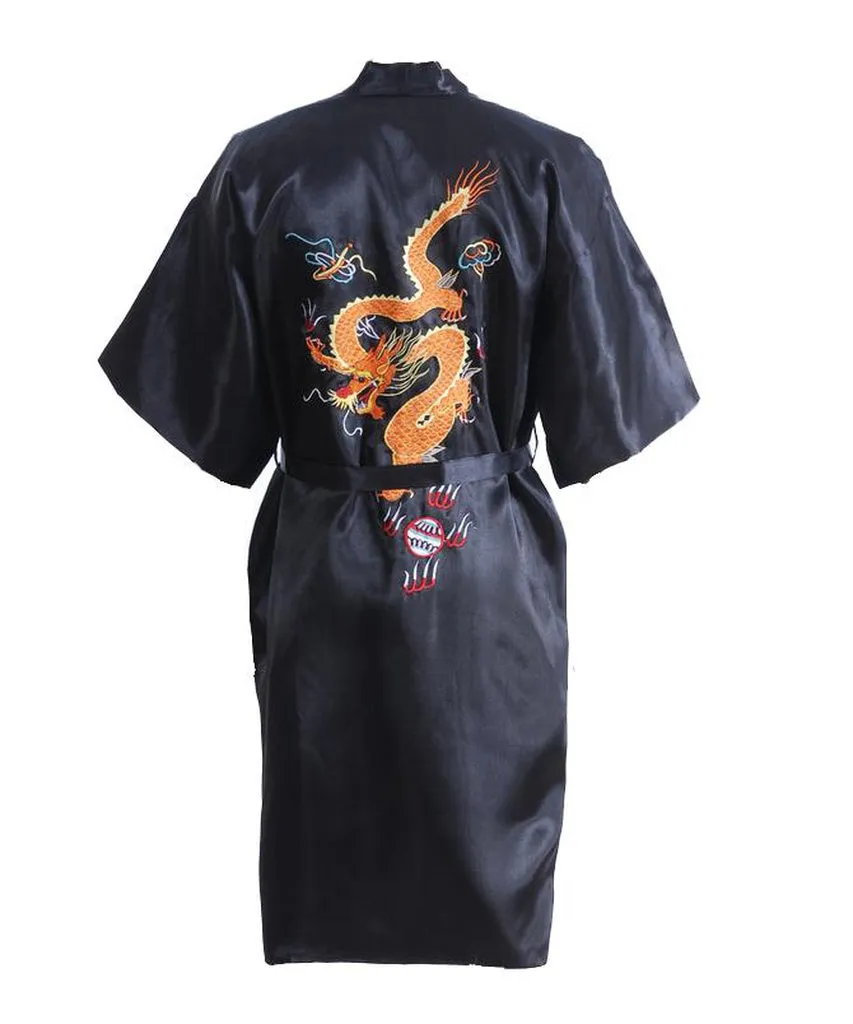 Black Chinese Men's Satin Silk Robe Embroidery Dragon Kimono Bath Gown Unisex Loose Bathrobe Size  M L XL XXL XXXL D0317
