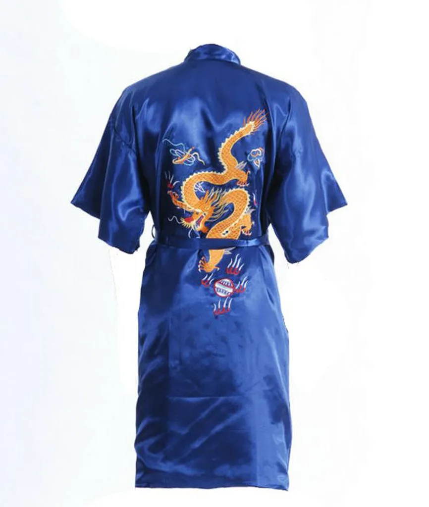 Black Chinese Men's Satin Silk Robe Embroidery Dragon Kimono Bath Gown Unisex Loose Bathrobe Size  M L XL XXL XXXL D0317