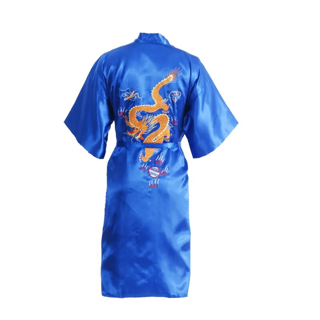 Black Chinese Men's Satin Silk Robe Embroidery Dragon Kimono Bath Gown Unisex Loose Bathrobe Size  M L XL XXL XXXL D0317
