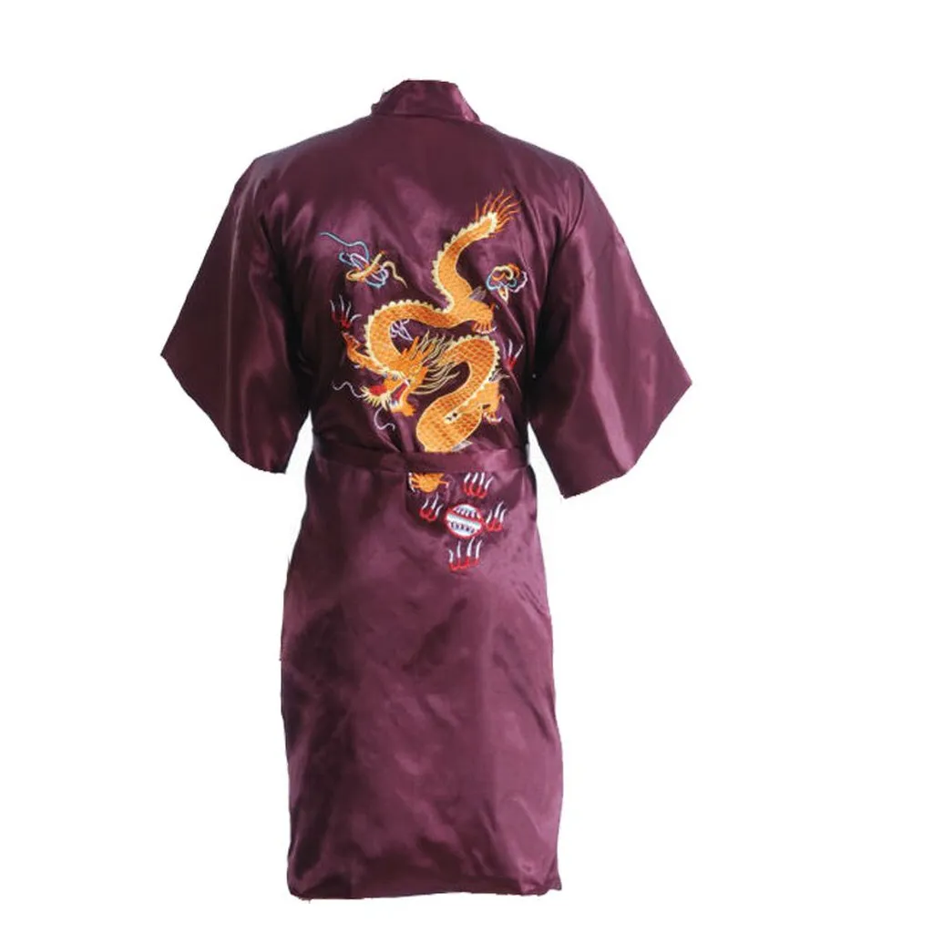 Black Chinese Men's Satin Silk Robe Embroidery Dragon Kimono Bath Gown Unisex Loose Bathrobe Size  M L XL XXL XXXL D0317