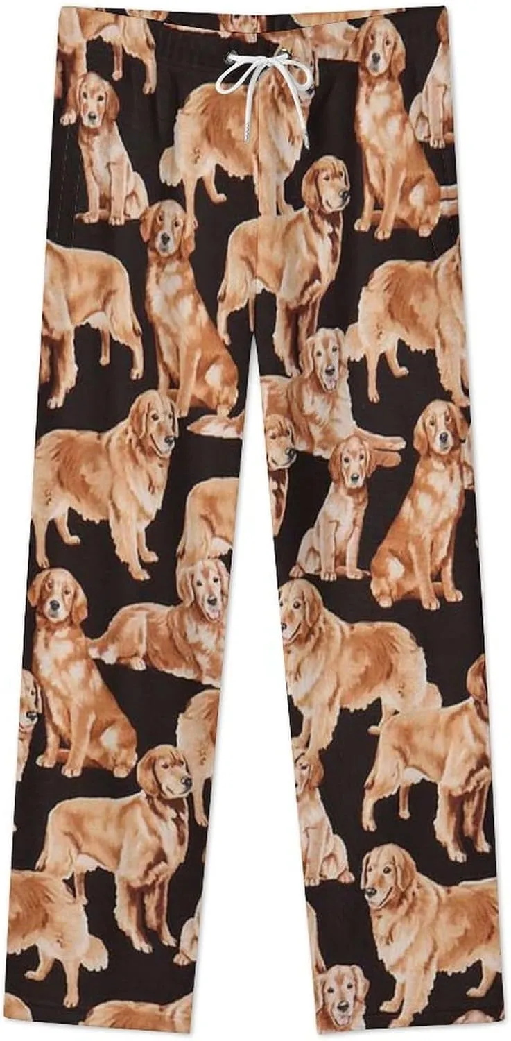 Black Cute Golden Retriever Dog Women's Flannel Pajama Pants Fleece Lounge Sleep Bottoms PJ