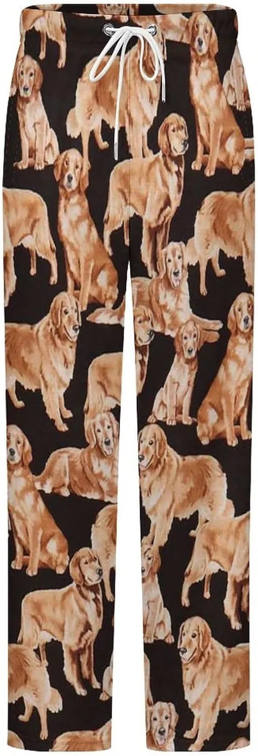 Black Cute Golden Retriever Dog Women's Flannel Pajama Pants Fleece Lounge Sleep Bottoms PJ