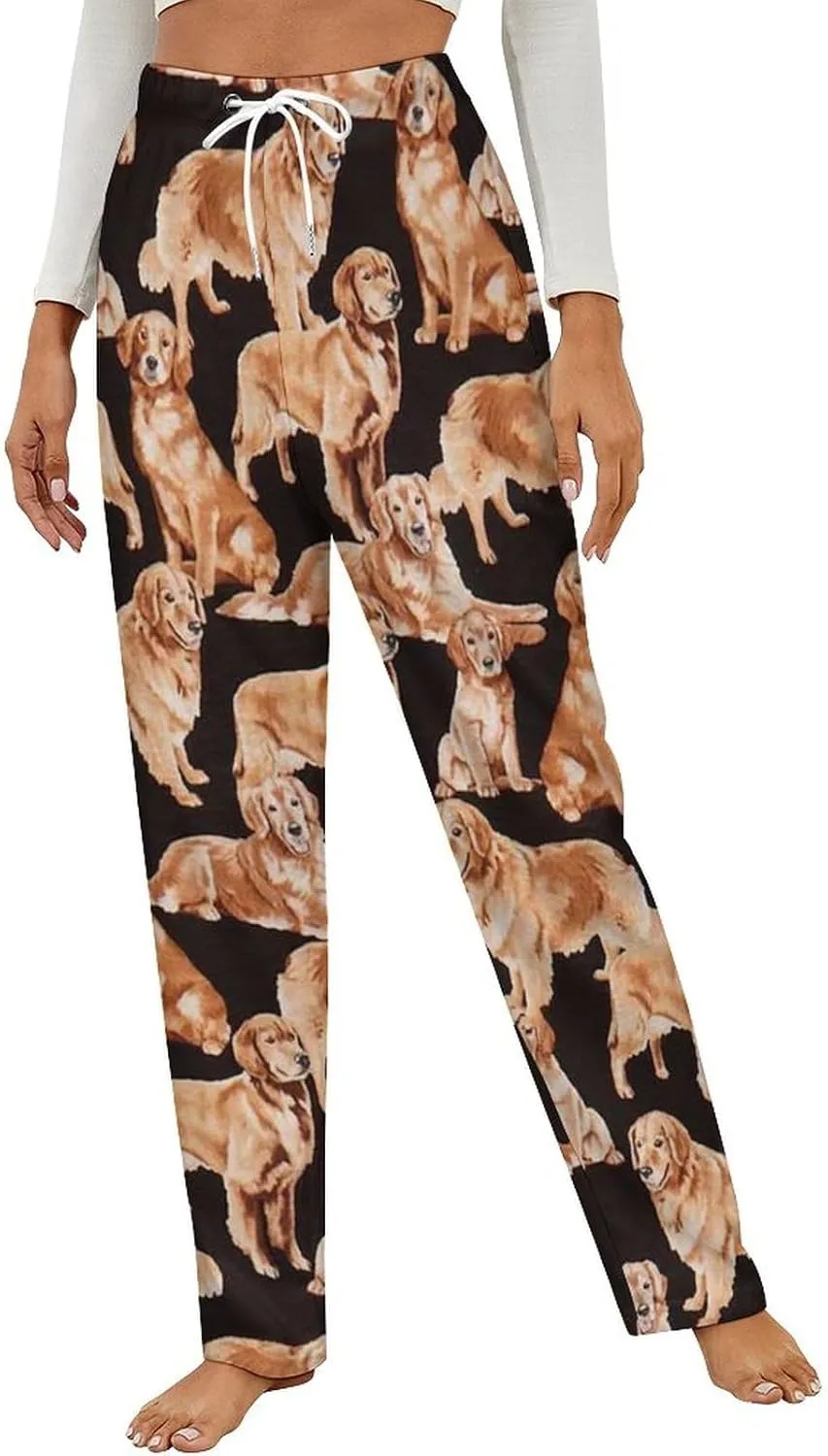 Black Cute Golden Retriever Dog Women's Flannel Pajama Pants Fleece Lounge Sleep Bottoms PJ