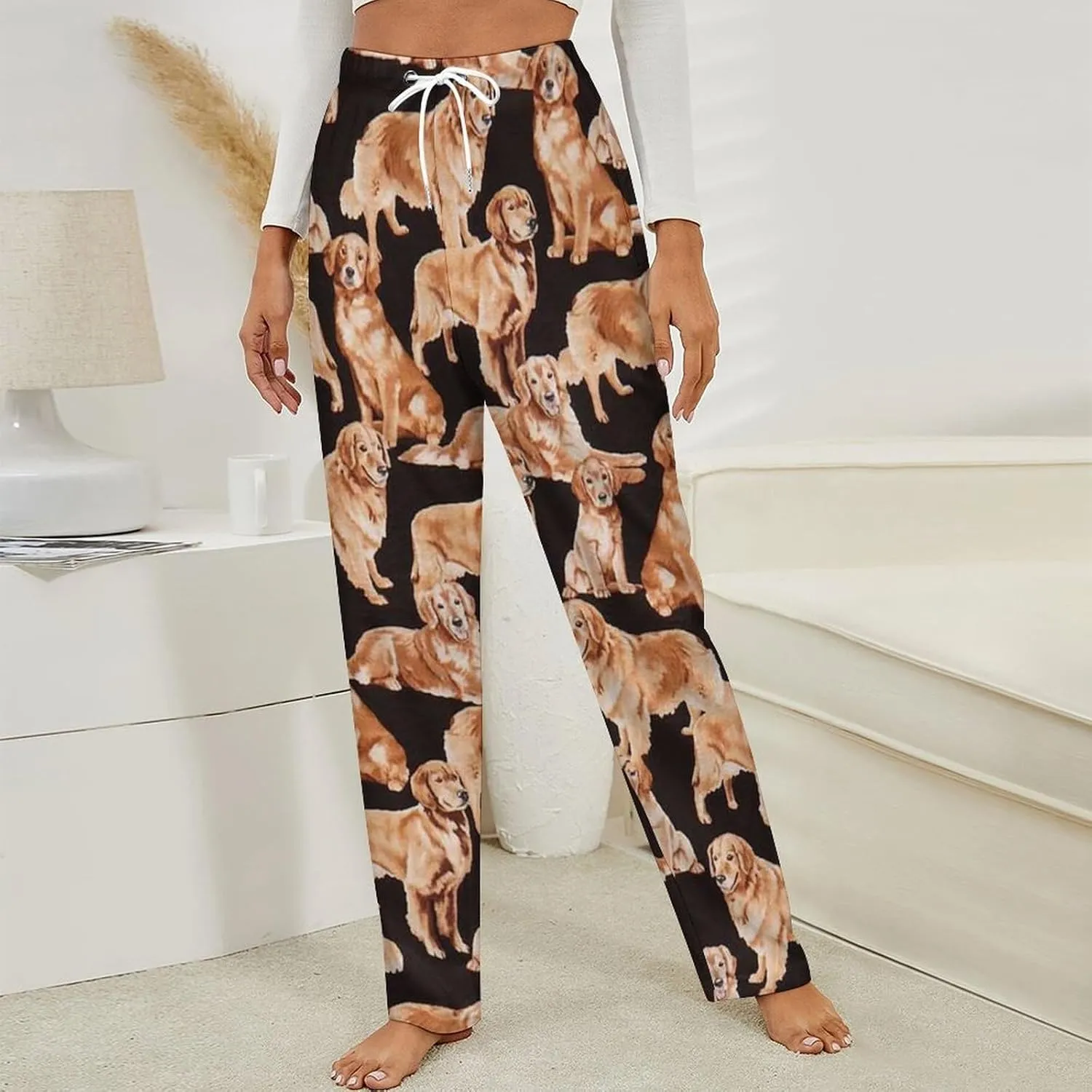 Black Cute Golden Retriever Dog Women's Flannel Pajama Pants Fleece Lounge Sleep Bottoms PJ