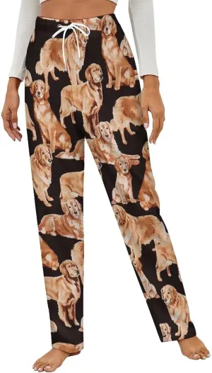 Black Cute Golden Retriever Dog Women's Flannel Pajama Pants Fleece Lounge Sleep Bottoms PJ