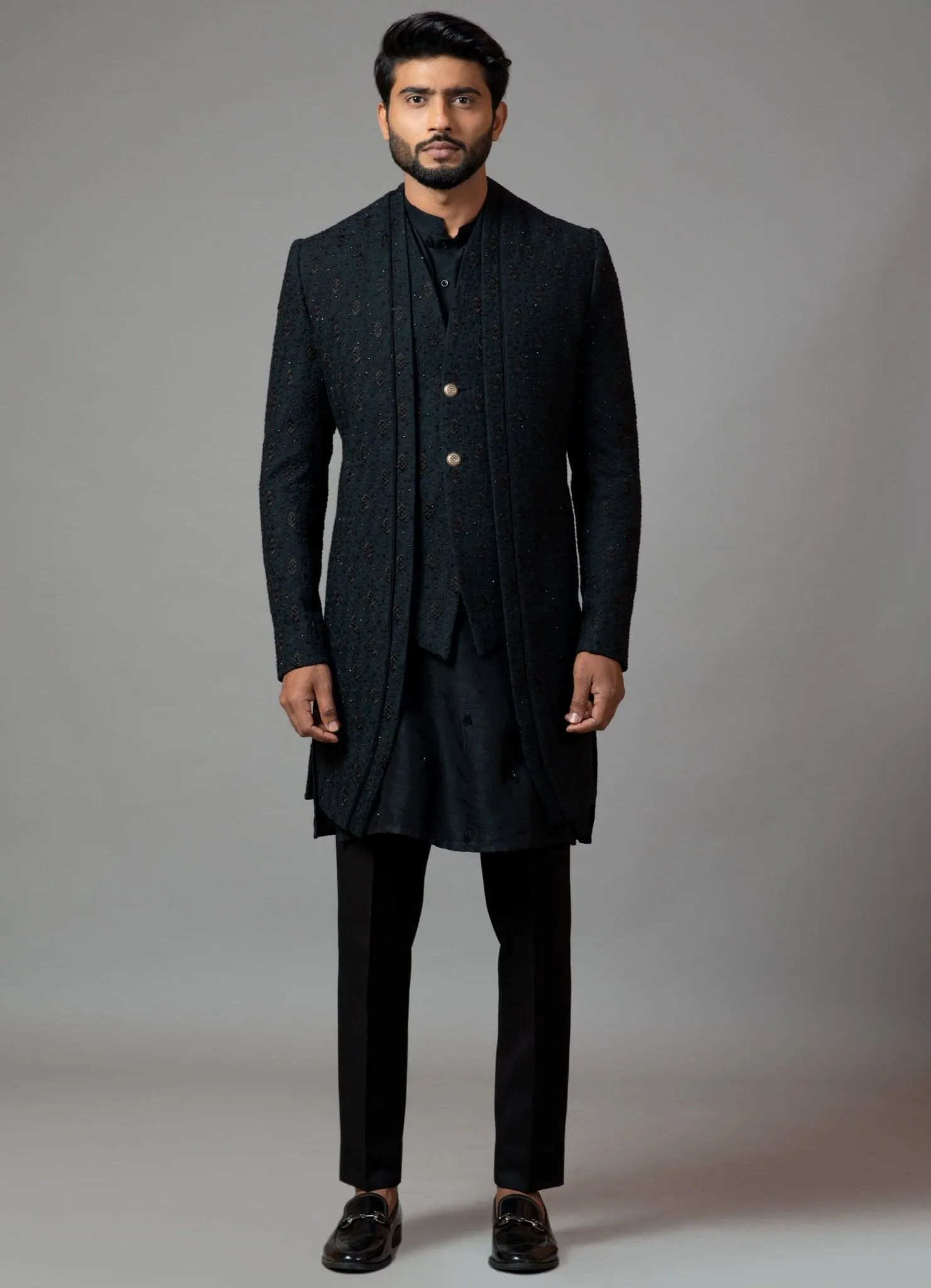 Black Double Panel Achkan With Motif Embroidery With Kurta