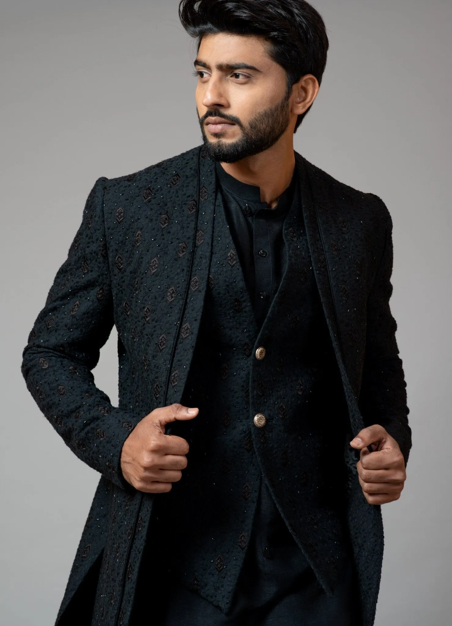 Black Double Panel Achkan With Motif Embroidery With Kurta