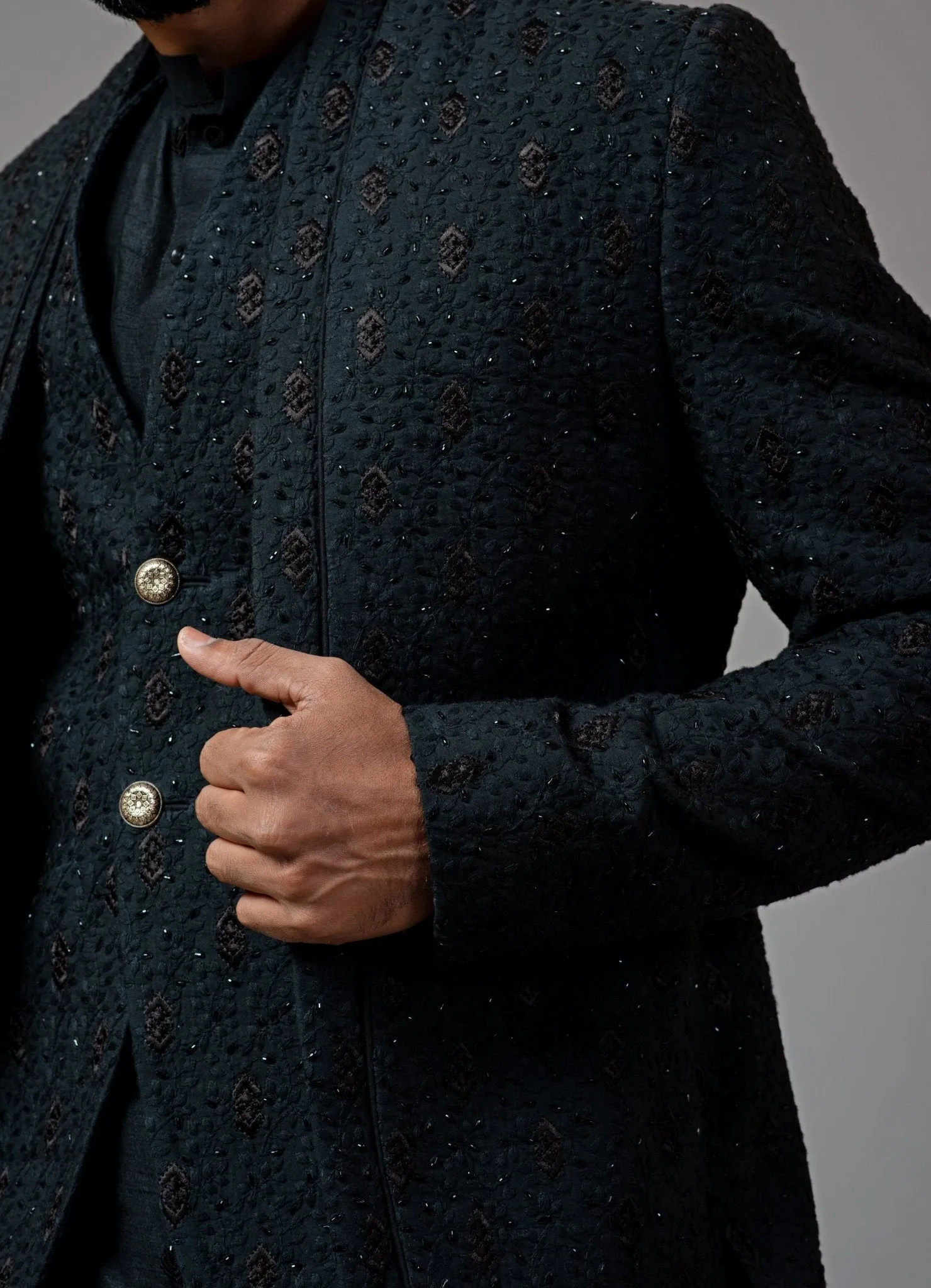 Black Double Panel Achkan With Motif Embroidery With Kurta