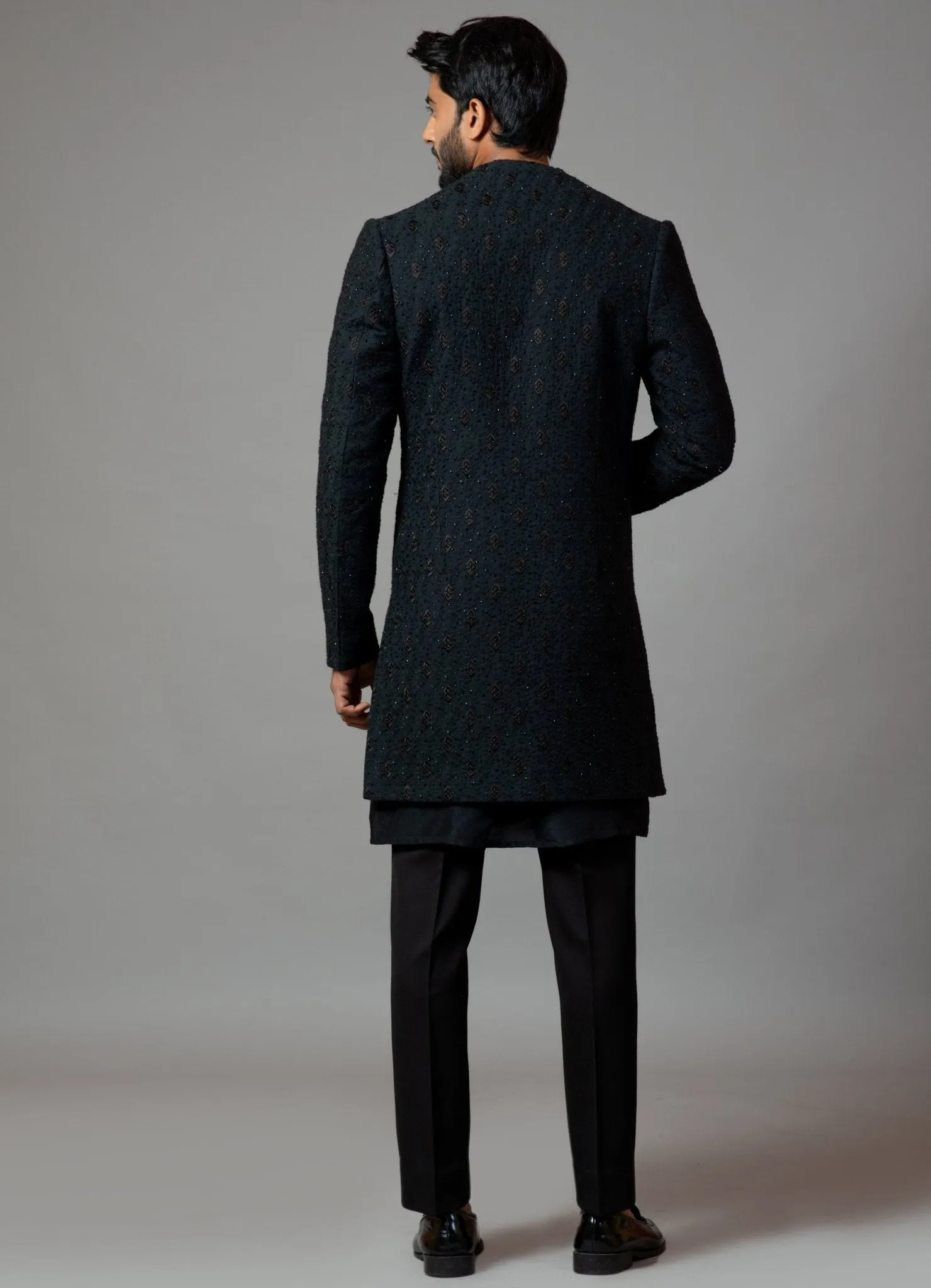 Black Double Panel Achkan With Motif Embroidery With Kurta