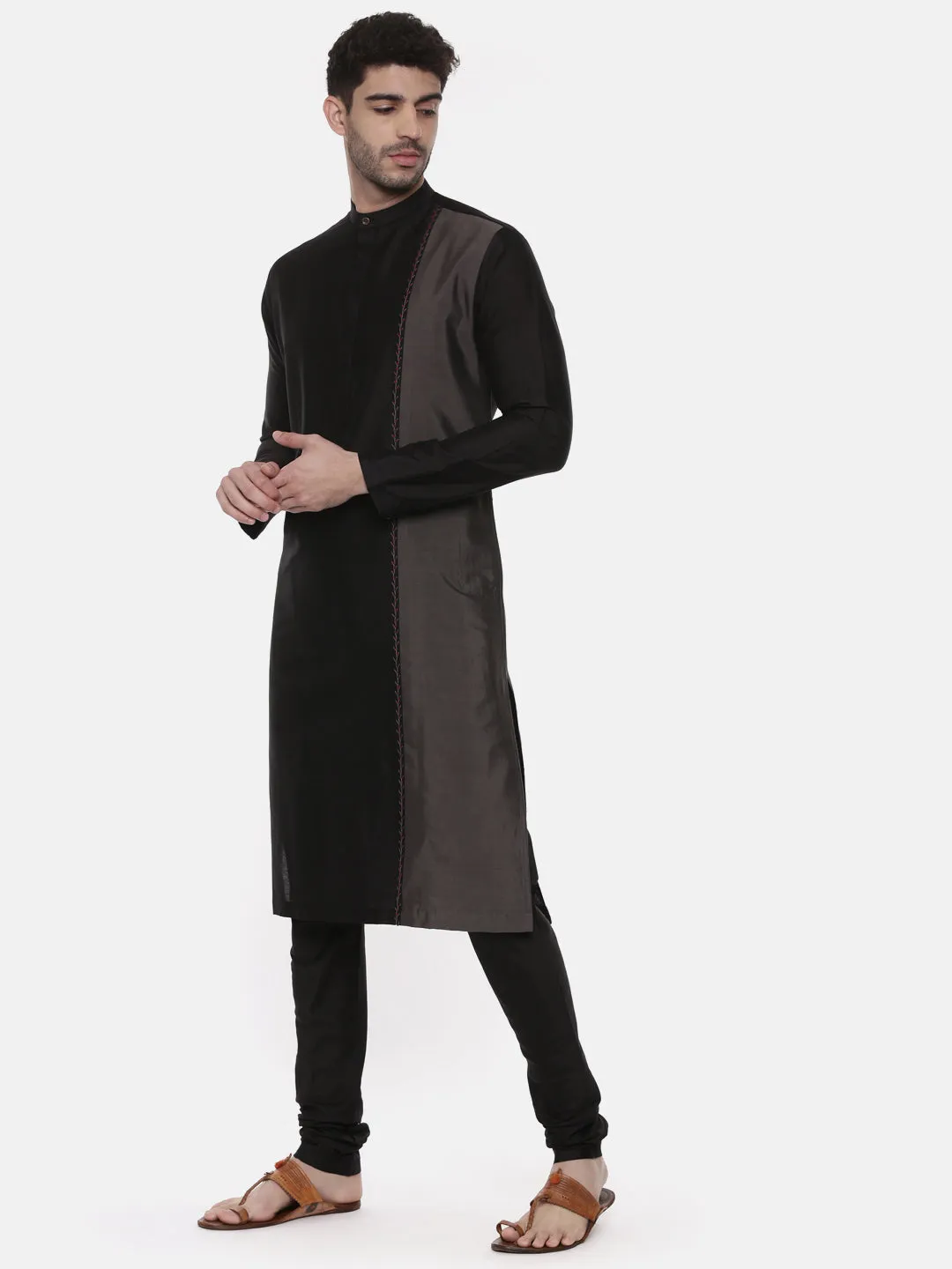 Black Grey Embroidered Silk Kurta - MMK0443