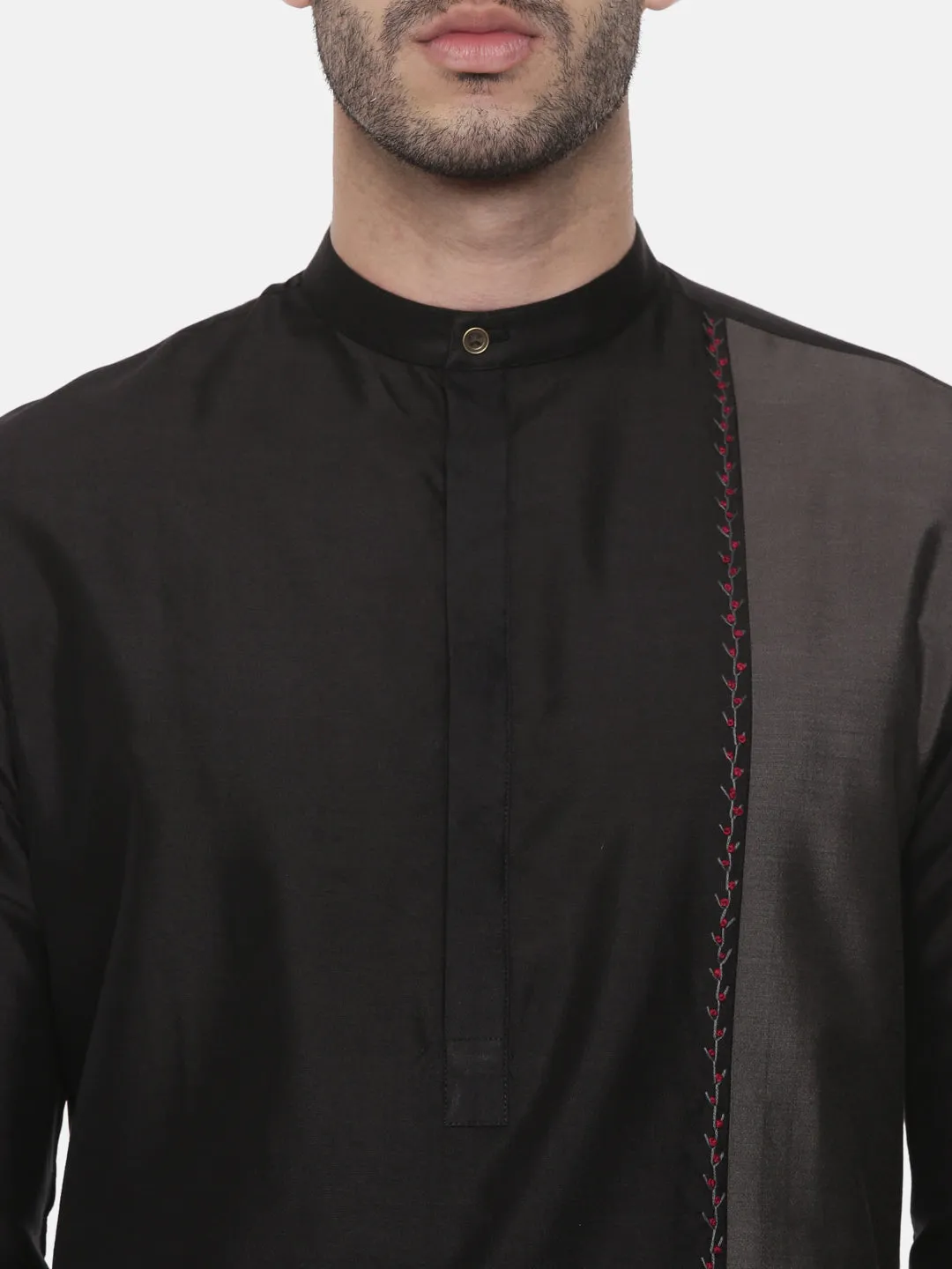 Black Grey Embroidered Silk Kurta - MMK0443