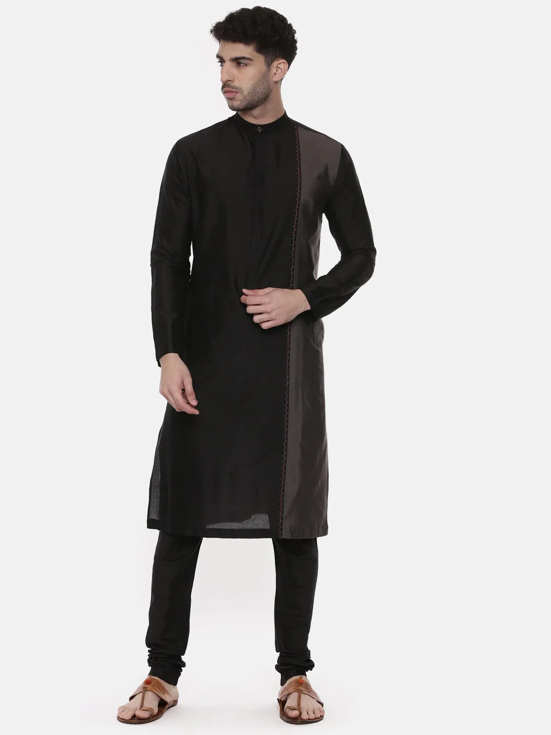 Black Grey Embroidered Silk Kurta - MMK0443