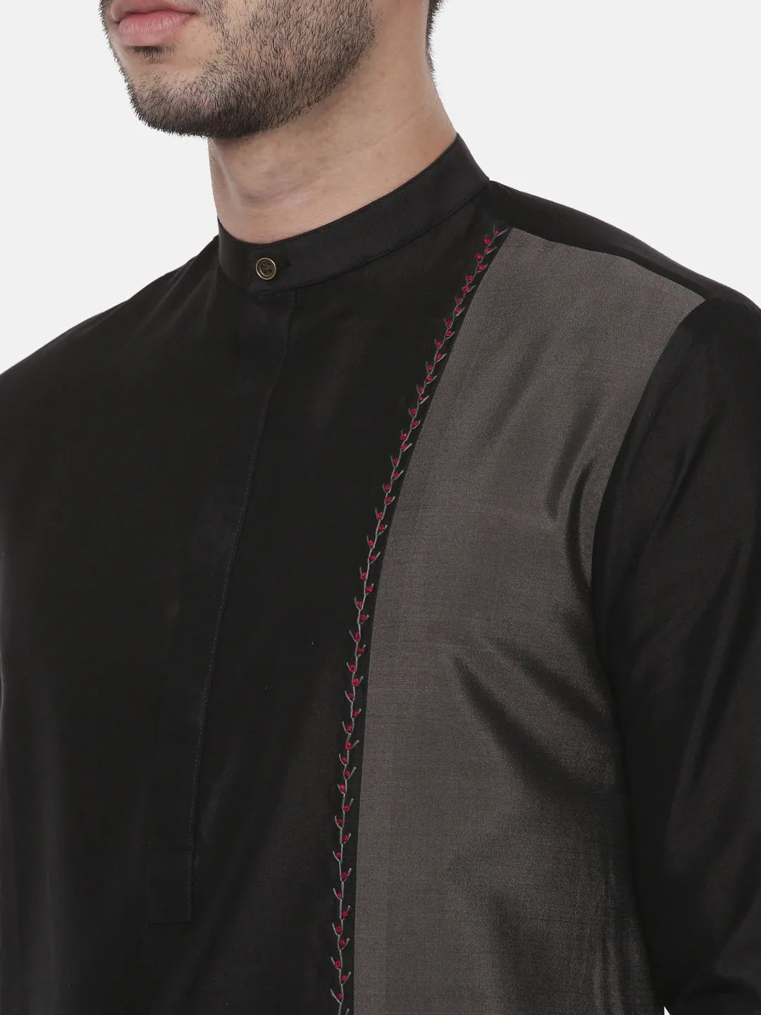 Black Grey Embroidered Silk Kurta - MMK0443