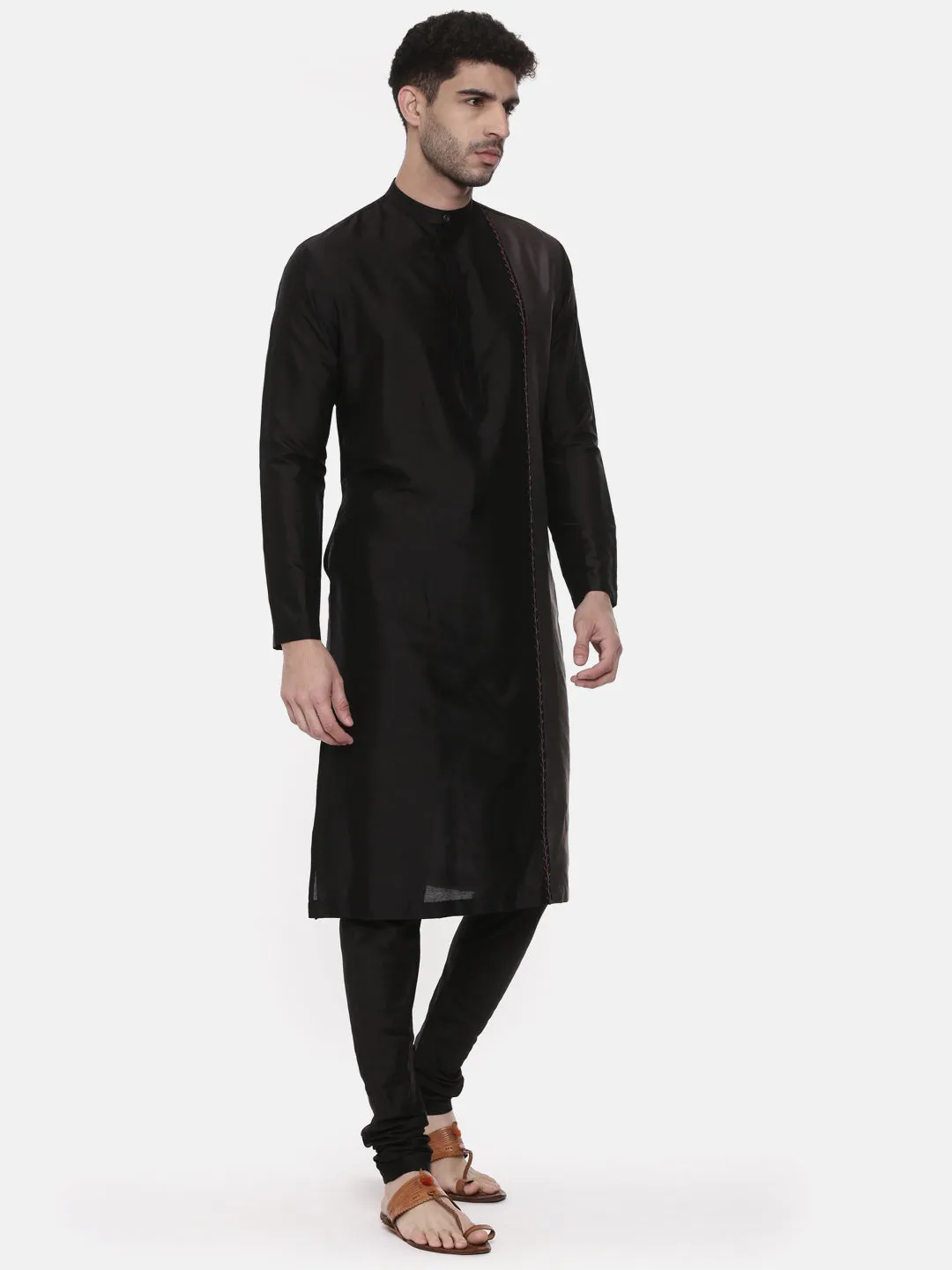 Black Grey Embroidered Silk Kurta - MMK0443