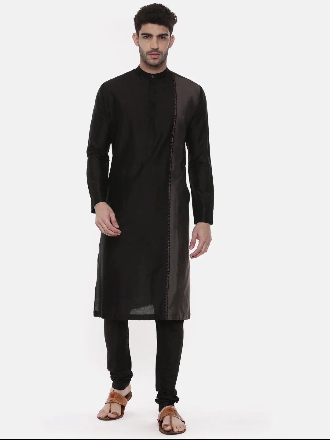 Black Grey Embroidered Silk Kurta - MMK0443