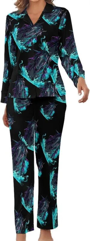 Black Horse Womens Pajamas Satin PJ Set Button Down Loungewear Set 2 Piece Lounge Sets