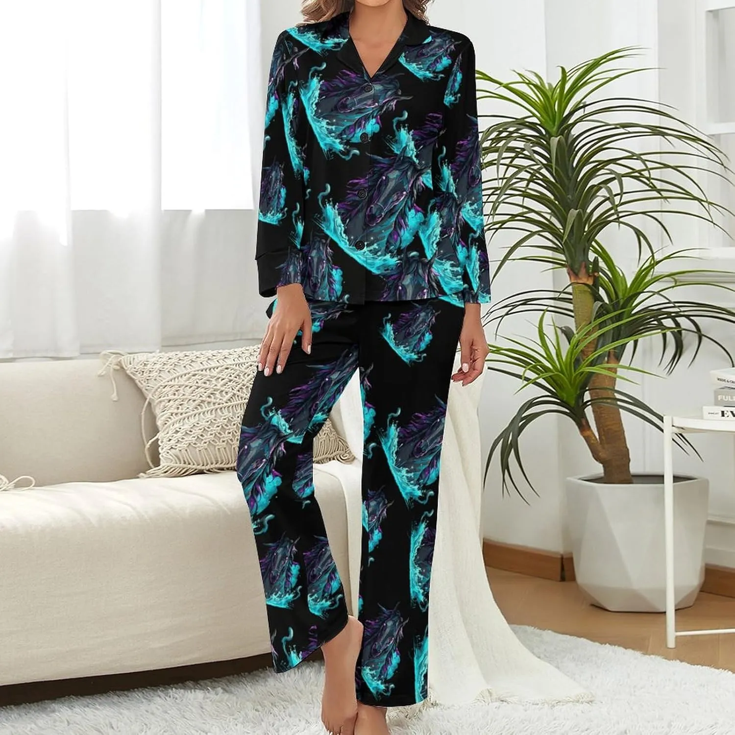 Black Horse Womens Pajamas Satin PJ Set Button Down Loungewear Set 2 Piece Lounge Sets