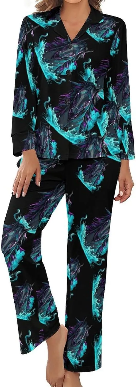 Black Horse Womens Pajamas Satin PJ Set Button Down Loungewear Set 2 Piece Lounge Sets