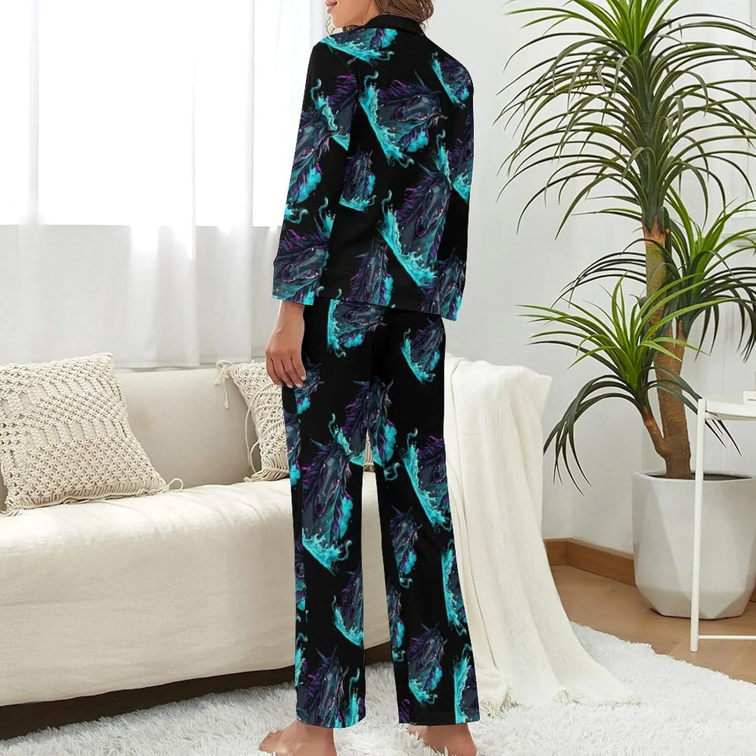 Black Horse Womens Pajamas Satin PJ Set Button Down Loungewear Set 2 Piece Lounge Sets