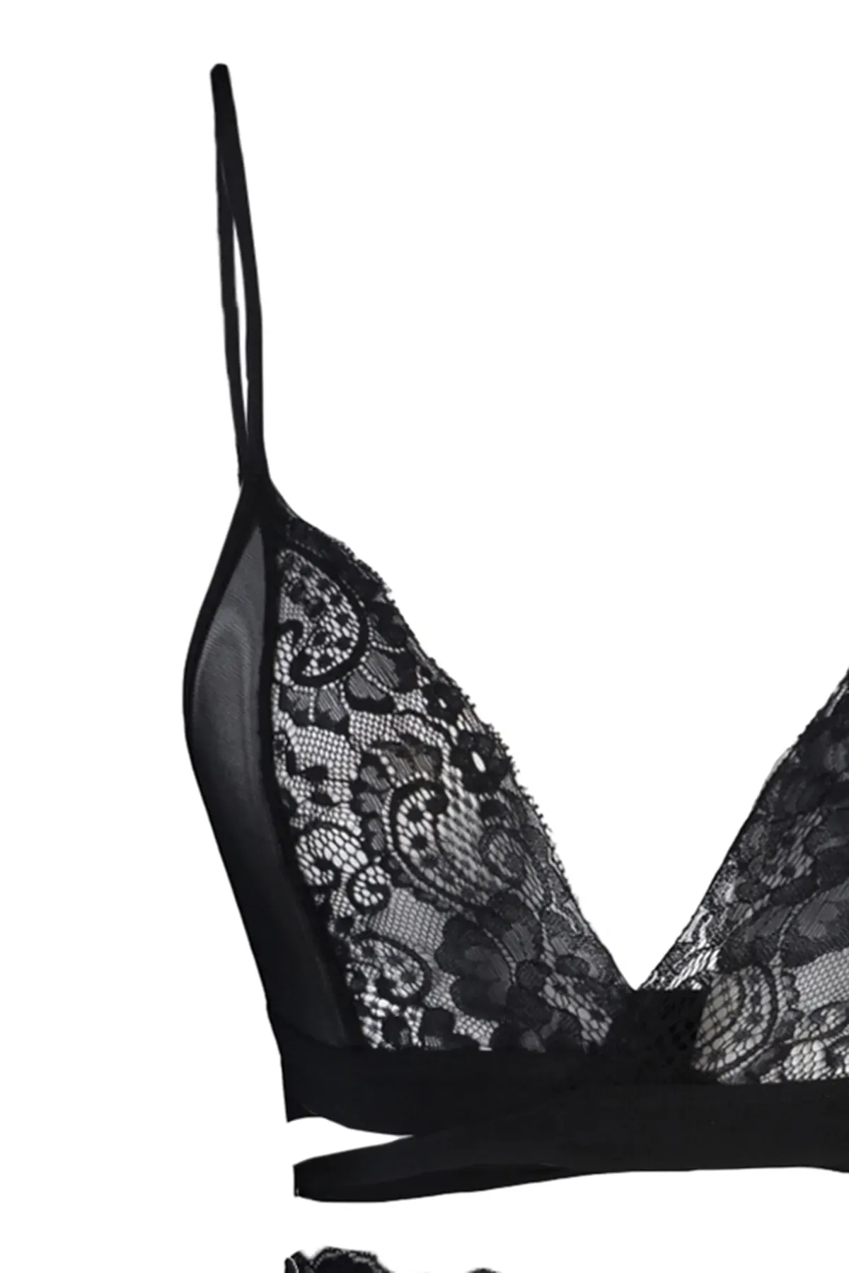 Black Lace Rope Strap Tie Detailed Non-wired Non-Covered Knitted Underwear Set