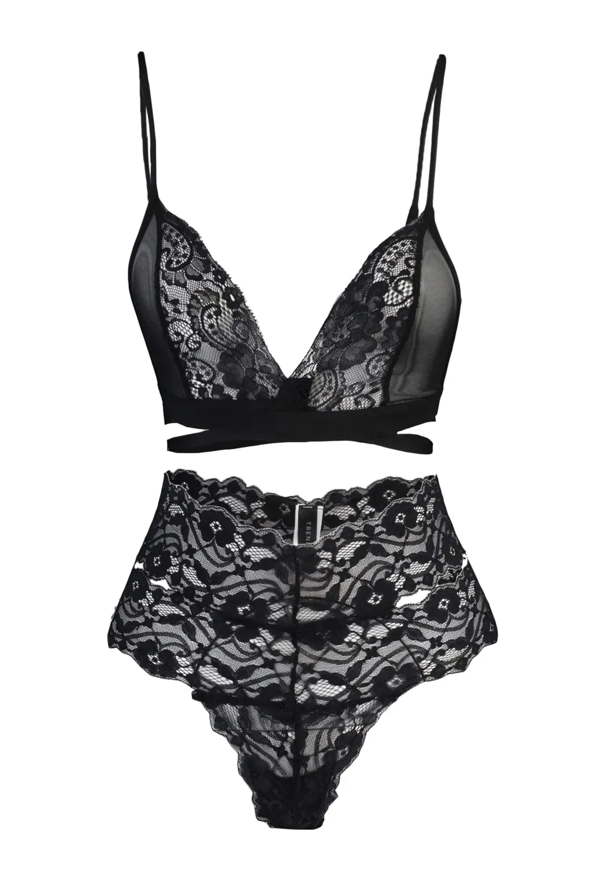 Black Lace Rope Strap Tie Detailed Non-wired Non-Covered Knitted Underwear Set