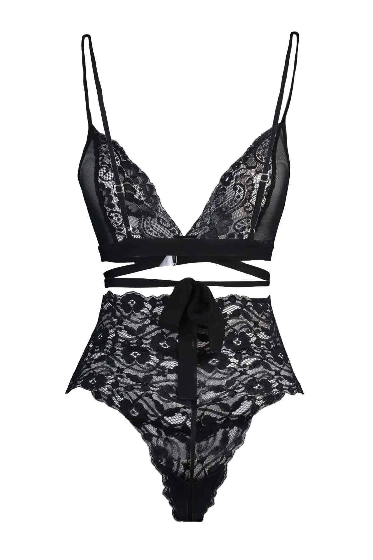 Black Lace Rope Strap Tie Detailed Non-wired Non-Covered Knitted Underwear Set