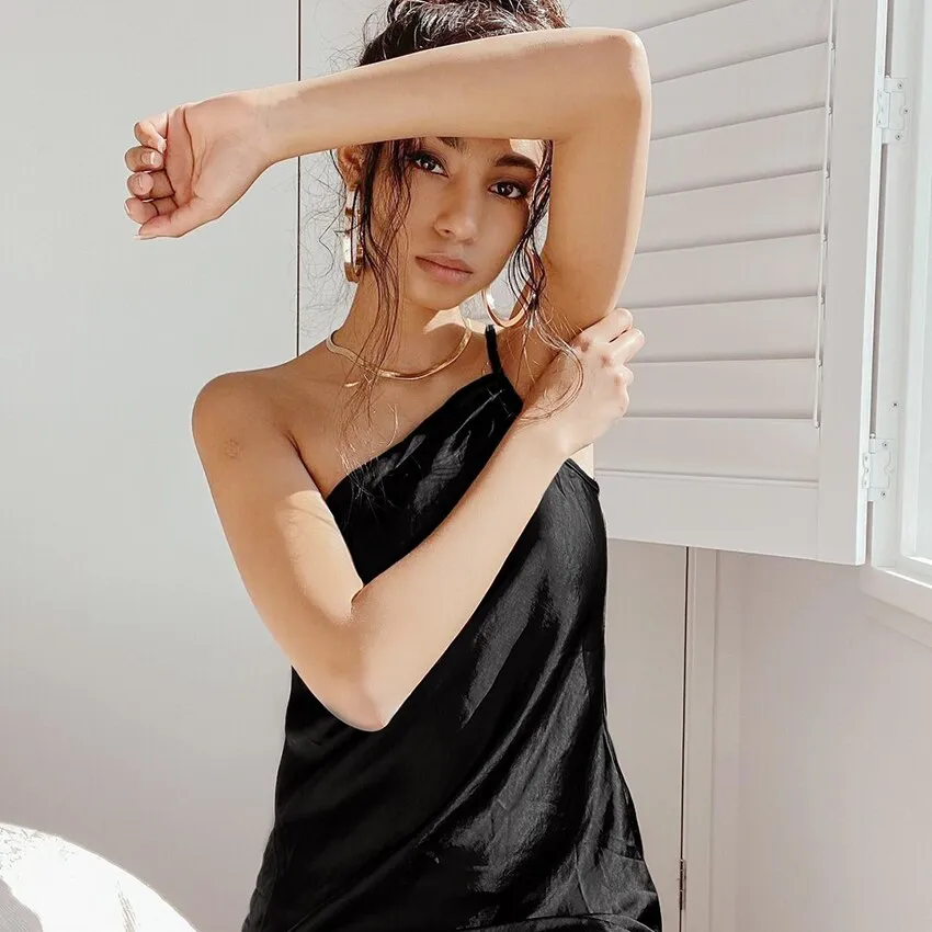 Black One Shoulder Nightdress Women Sexy Sleeveless Dresses